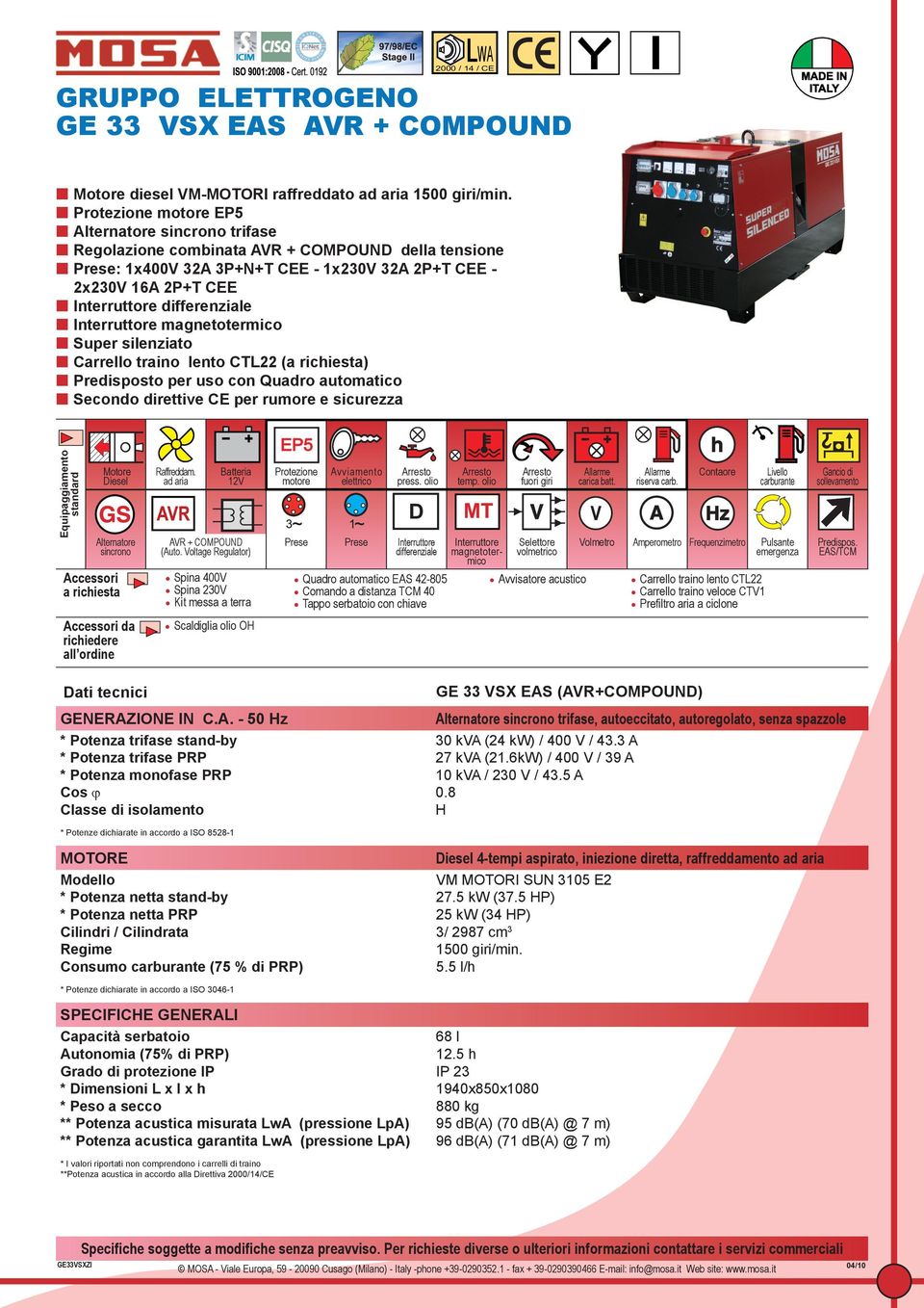 Voltage Regulator) Spina 400V Spina 230V D Prese Prese differenziale Quadro automatico EAS 42-805 Comando a distanza TCM 40 Tappo serbatoio con chiave temp.