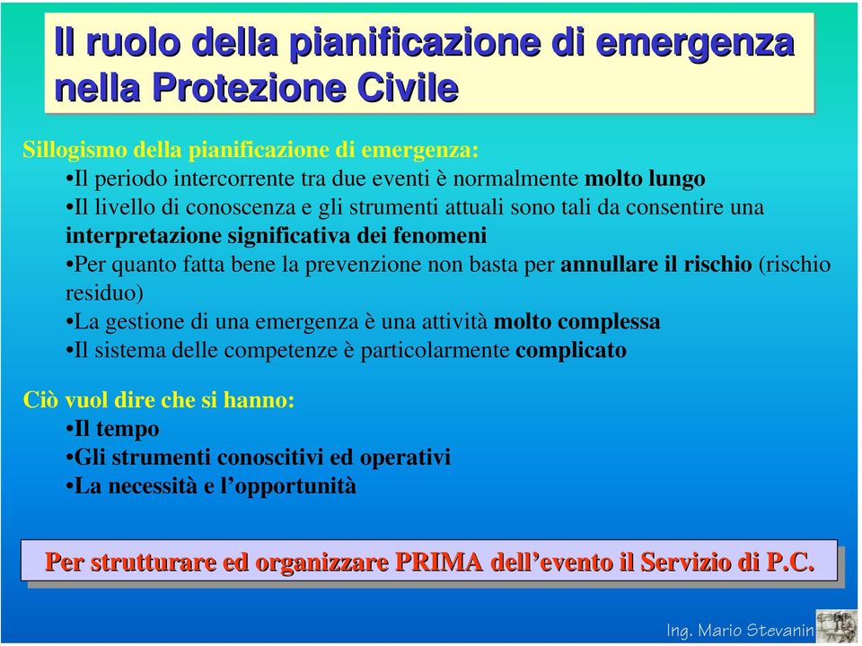 per annullare il rischio (rischio residuo) La gestione di una emergenza è una attività molto complessa Il sistema delle competenze è particolarmente complicato Ciò vuol