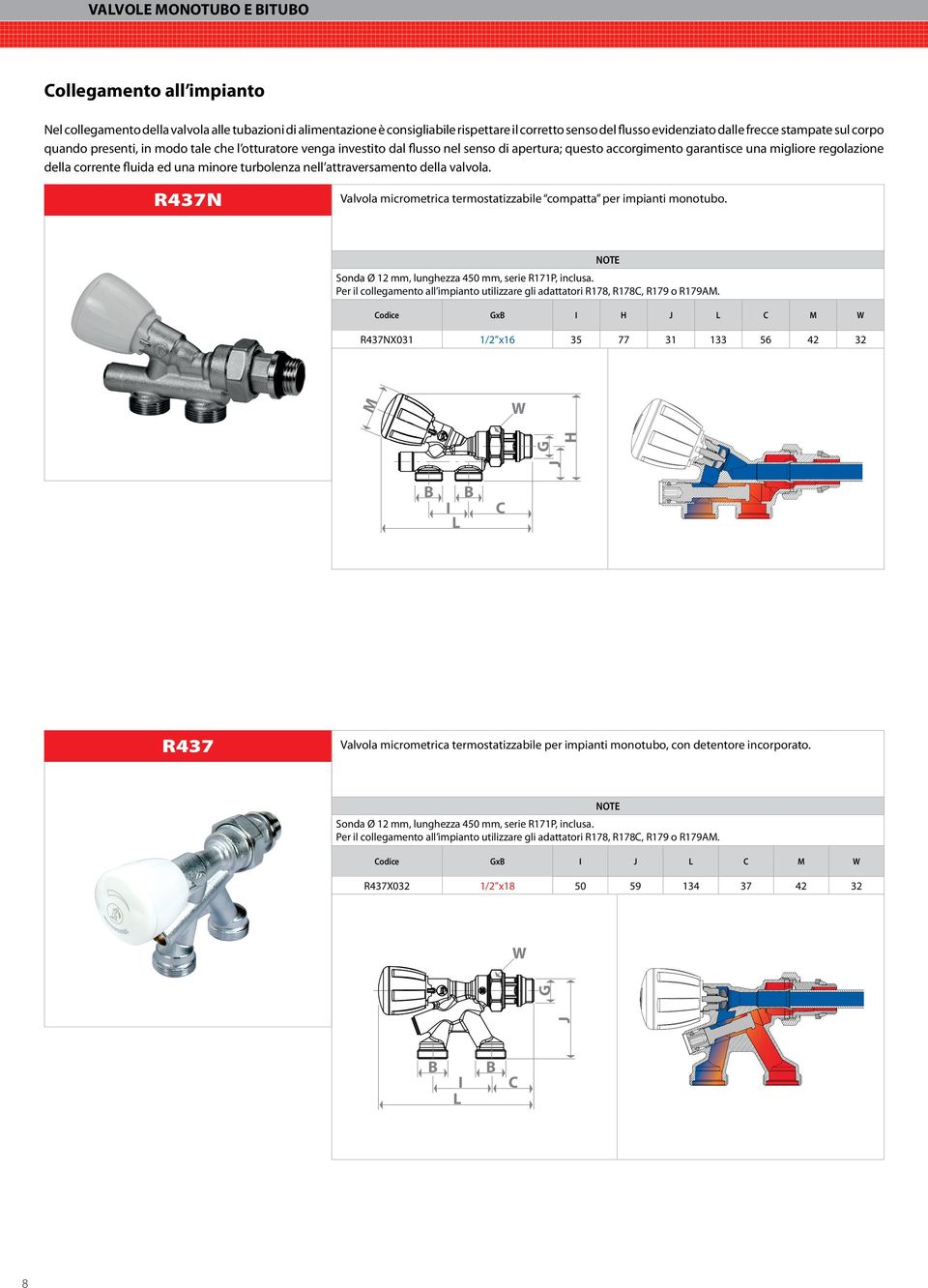 turbolenza nell attraversamento della valvola. R437N Valvola micrometrica termostatizzabile compatta per impianti monotubo. Sonda Ø 12 mm, lunghezza 450 mm, serie R171P, inclusa.