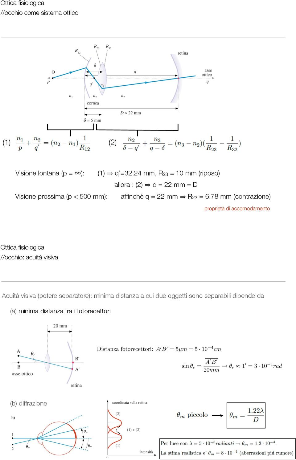 78 mm (contrazione) rorietà di accomodamento Ottica fisiologica //occhio: acuità visiva 4 O Acuità visiva (otere searatore): minima