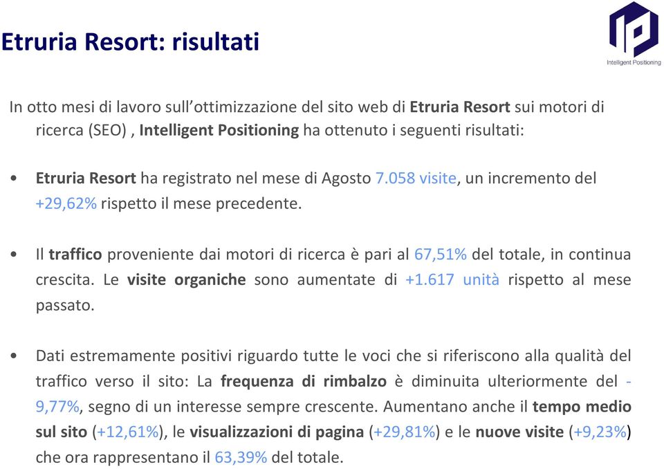 Il traffico proveniente dai motori di ricerca è pari al 67,51% del totale, in continua crescita. Le visite organiche sono aumentate di +1.617 unità rispetto al mese passato.