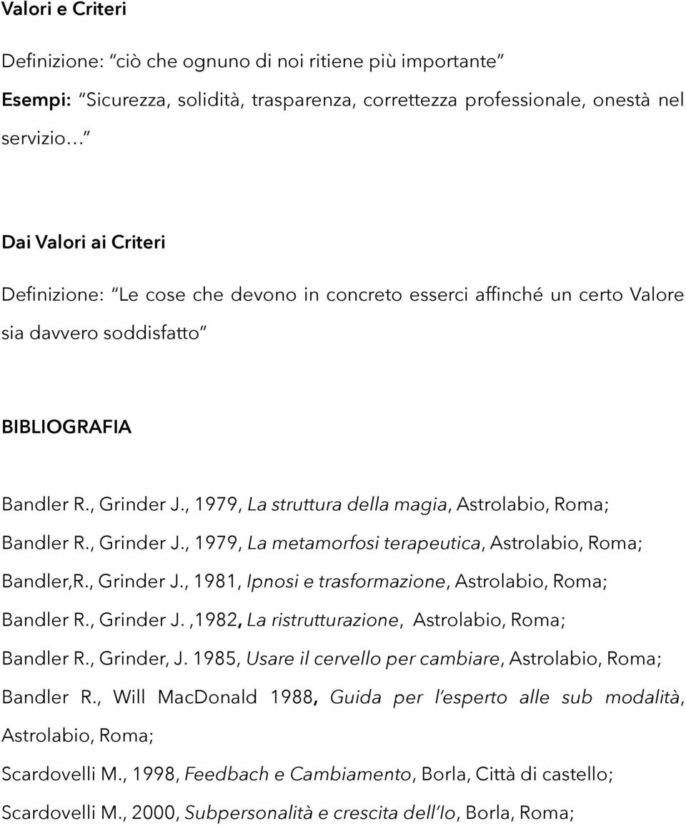 , Grinder J., 1981, Ipnosi e trasformazione, Astrolabio, Roma; Bandler R., Grinder J.,1982, La ristrutturazione, Astrolabio, Roma; Bandler R., Grinder, J.