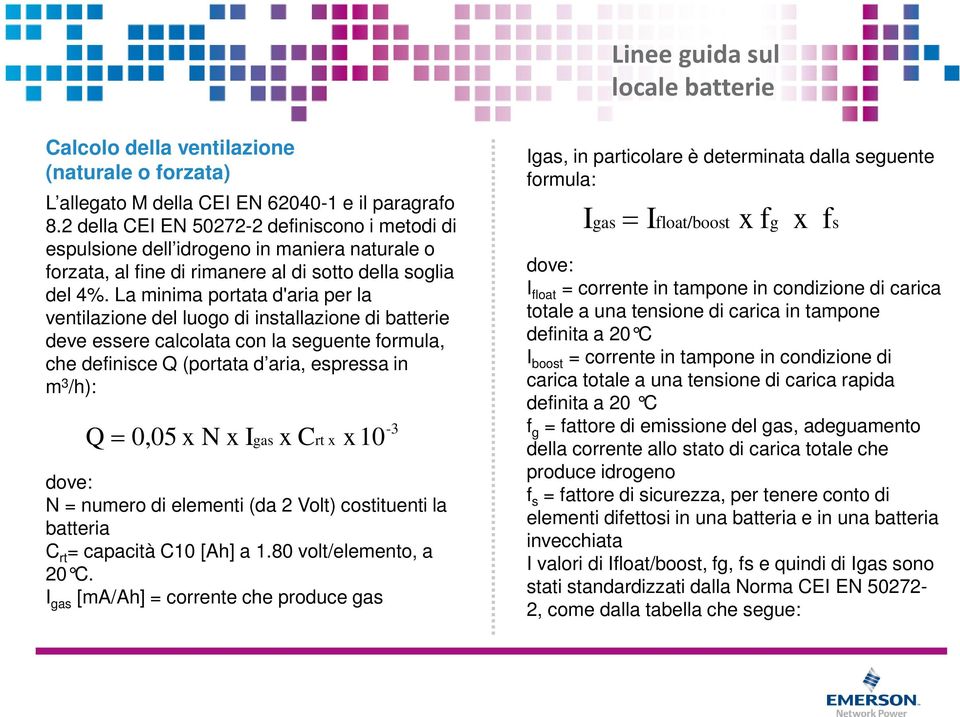 La minima portata d'aria per la ventilazione del luogo di installazione di batterie deve essere calcolata con la seguente formula, che definisce Q (portata d aria, espressa in m 3 /h): Q = 0,05 x N x