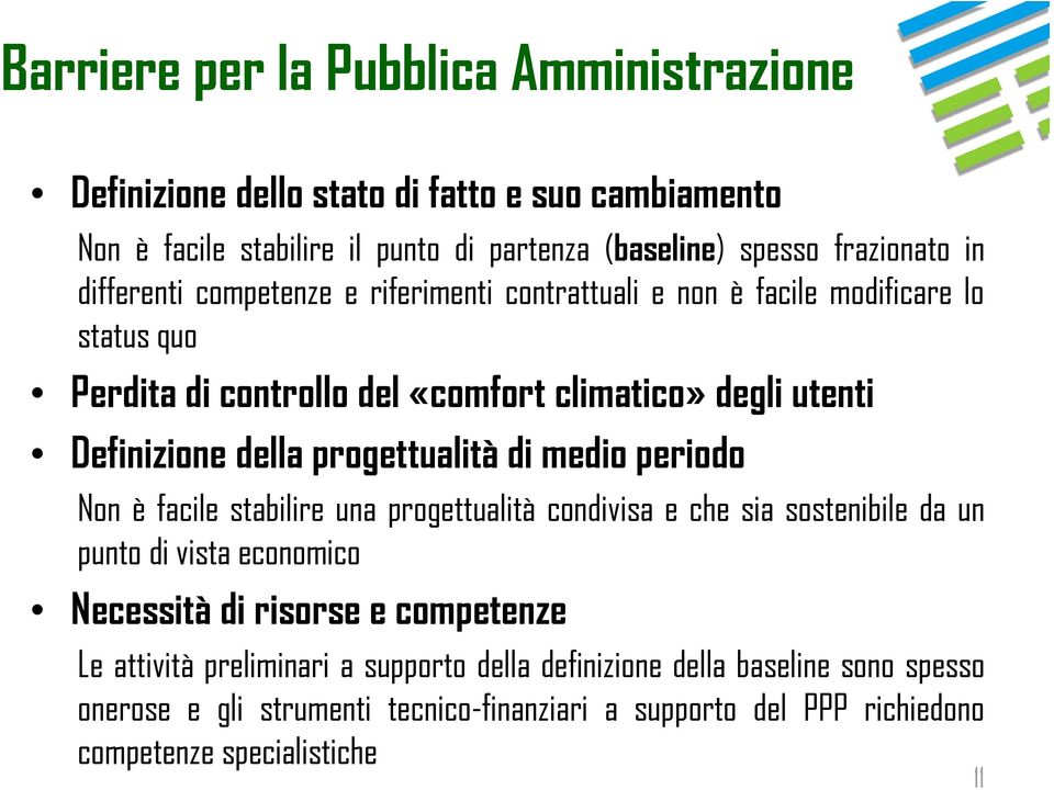 progettualità di medio periodo Non è facile stabilire una progettualità condivisa e che sia sostenibile da un punto di vista economico Necessità di risorse e competenze