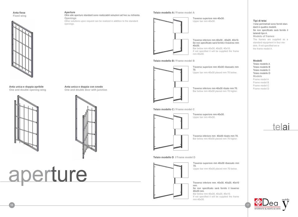 Bar below mm 40x30, 40x20, 40x10. If not specified it will be supplied the frame mm 40x30. Tipi di telai I telai perimetrali sono forniti standard in quattro modelli.