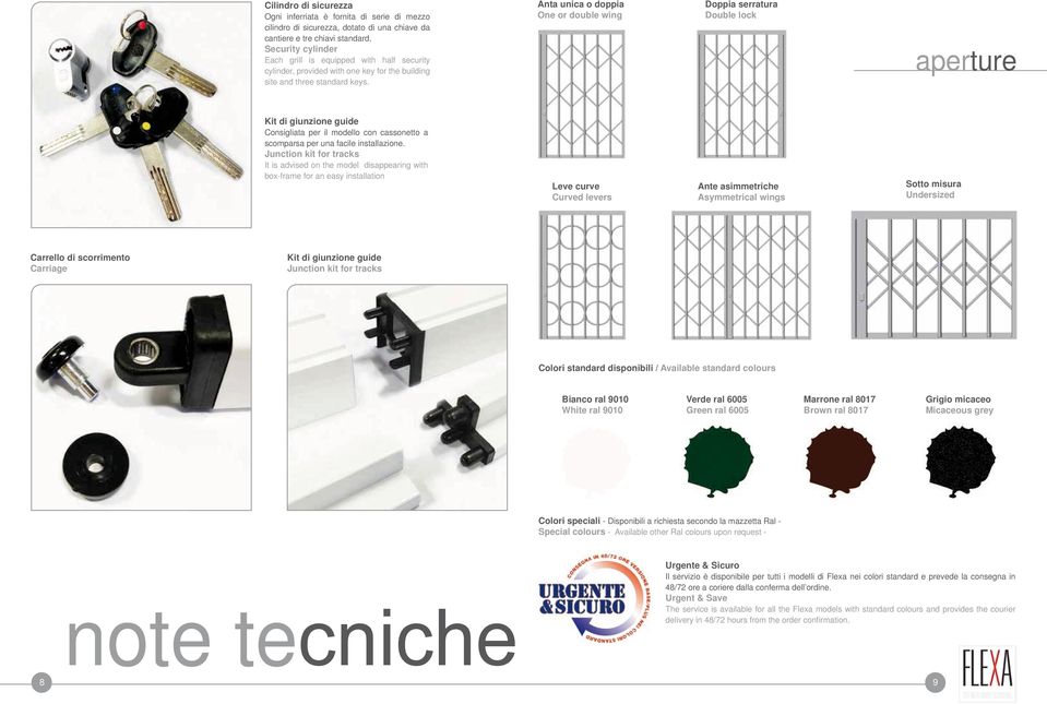 Anta unica o doppia One or double wing Doppia serratura Double lock aperture Kit di giunzione guide Consigliata per il modello con cassonetto a scomparsa per una facile installazione.