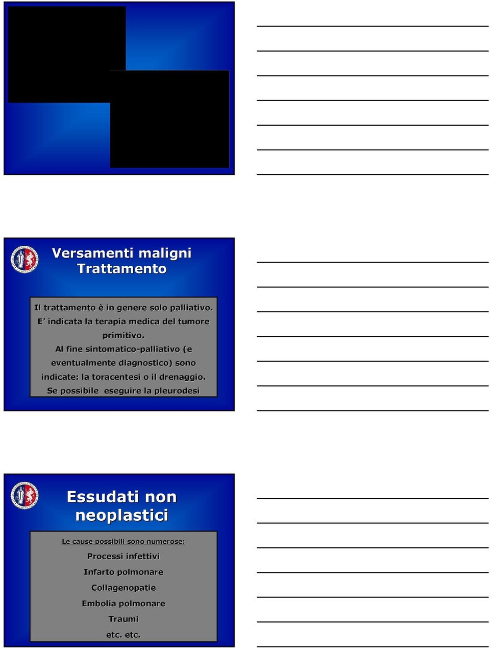 Al fine sintomatico-palliativo (e eventualmente diagnostico) sono indicate: la toracentesi o il