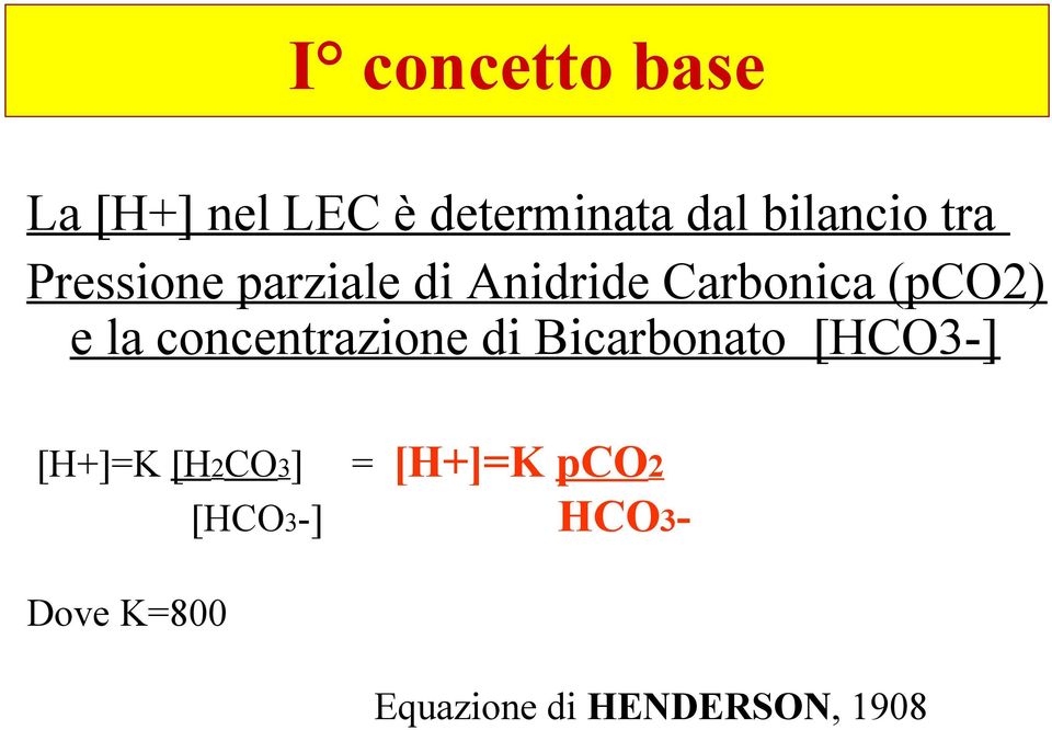 concentrazione di Bicarbonato [HCO3-] [H+]=K [H2CO3] =