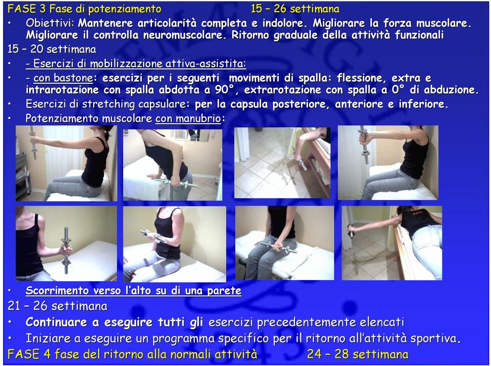 extra e intrarotazione con spalla abdotta a 90,, extrarotazione con spalla a 0 0 di abduzione. Esercizi di stretching capsulare: : per la capsula posteriore, anteriore e inferiore.