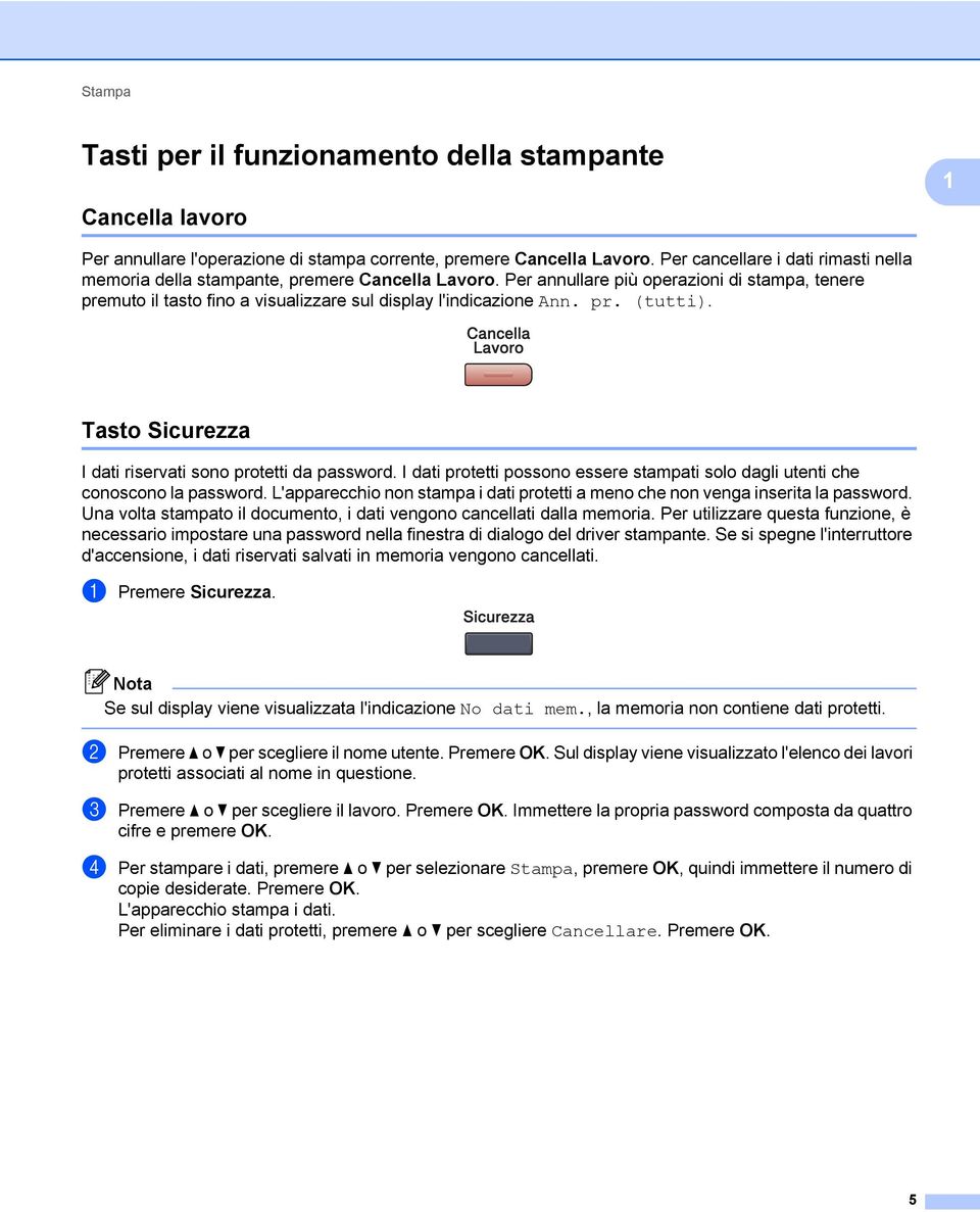 pr. (tutti). Tasto Sicurezza 1 I dati riservati sono protetti da password. I dati protetti possono essere stampati solo dagli utenti che conoscono la password.