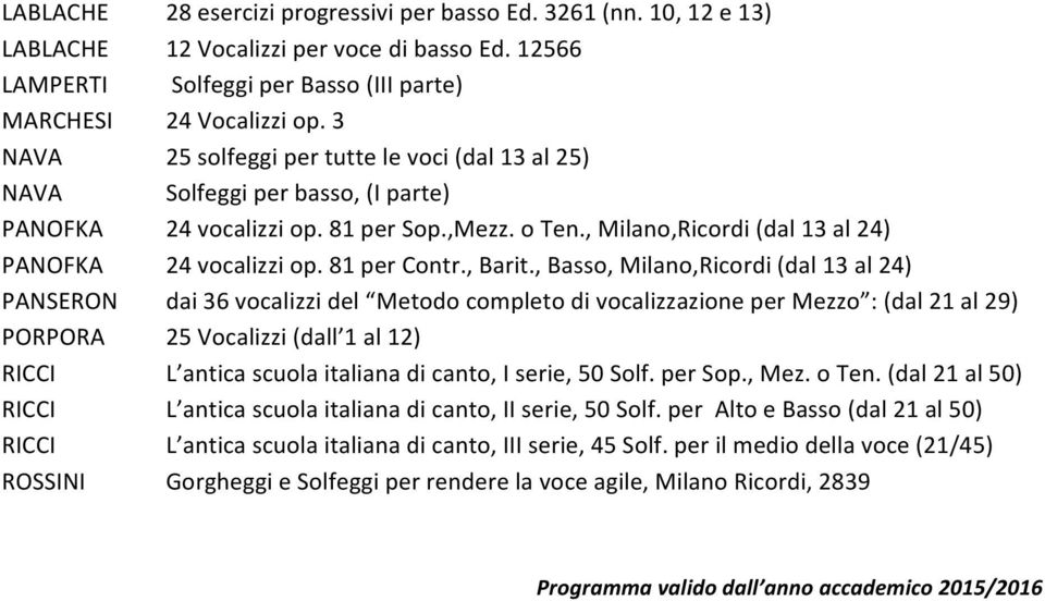 , Basso, Milano,Ricordi (dal 13 al 24) dai 36 vocalizzi del Metodo completo di vocalizzazione per Mezzo : (dal 21 al 29) 25 Vocalizzi (dall 1 al 12) L antica scuola italiana di canto, I serie, 50