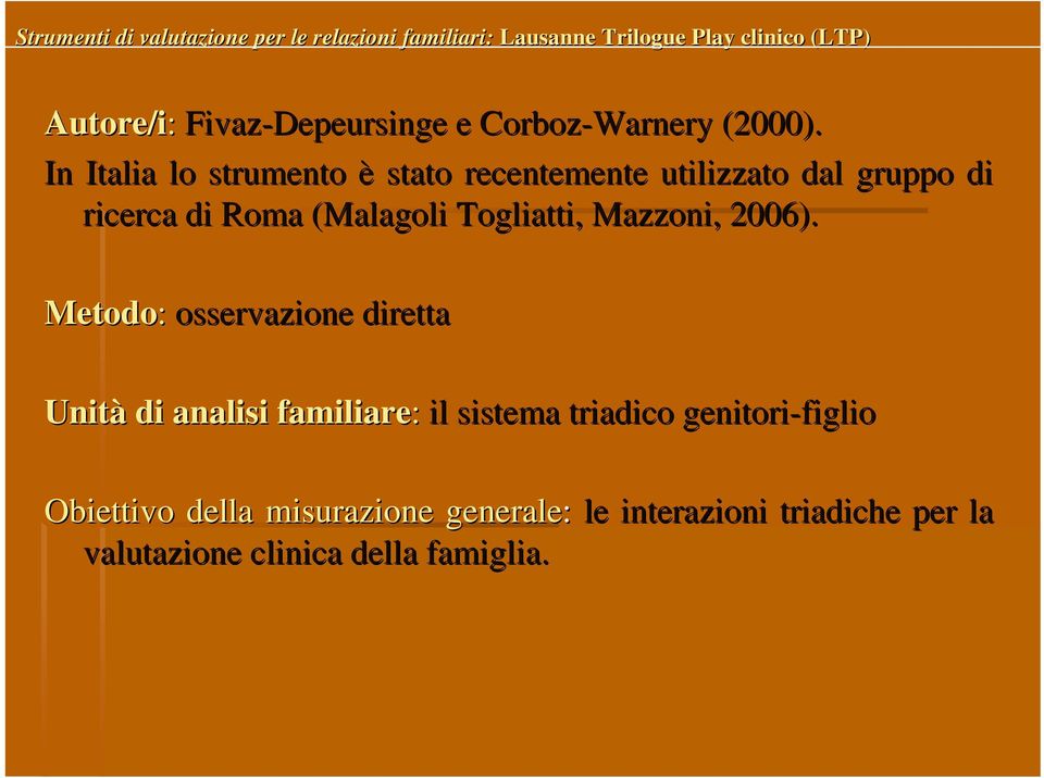 In Italia lo strumento è stato recentemente utilizzato dal gruppo o di ricerca di Roma (Malagoli( Togliatti,