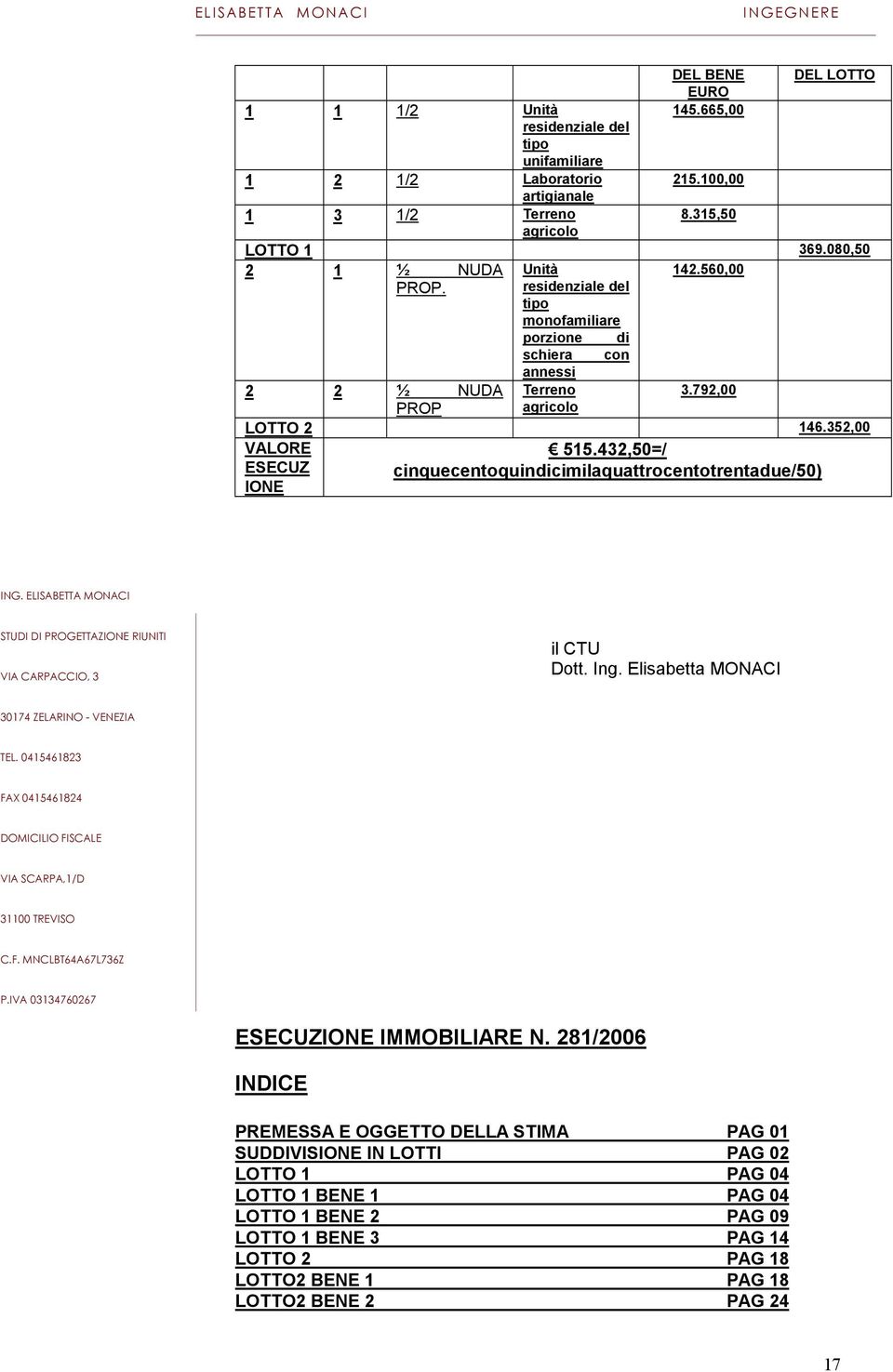 352,00 VALORE ESECUZ IONE 515.432,50=/ cinquecentoquindicimilaquattrocentotrentadue/50) il CTU Dott. Ing. Elisabetta MONACI ESECUZIONE IMMOBILIARE N.