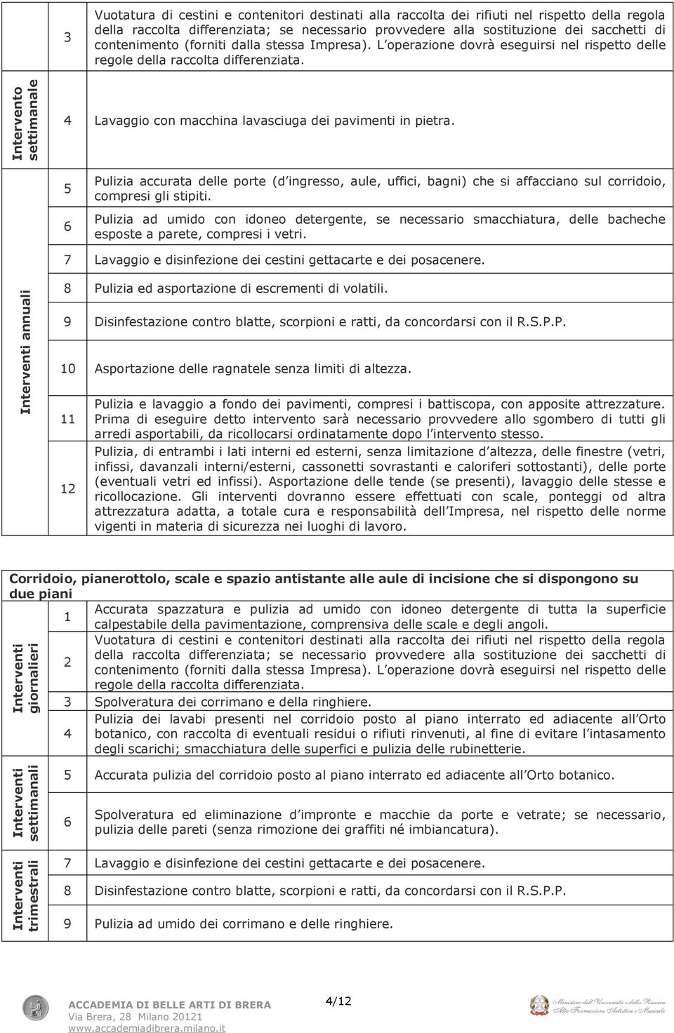 Pulizia ad umido con idoneo detergente, se necessario smacchiatura, delle bacheche esposte a parete, compresi i vetri. 7 Lavaggio e disinfezione dei cestini gettacarte e dei posacenere.