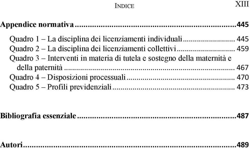 .. 459 Quadro 3 Interventi in materia di tutela e sostegno della maternità e della paternità.