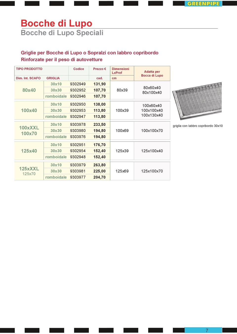 100x39 100x130x40 100xXXL 100x70 30x10 9303978 2,50 30x30 9303980 194,80 romboidale 9303976 194,80 100x69 100x100x70 griglia con labbro copribordo 30x10 125x40 30x10