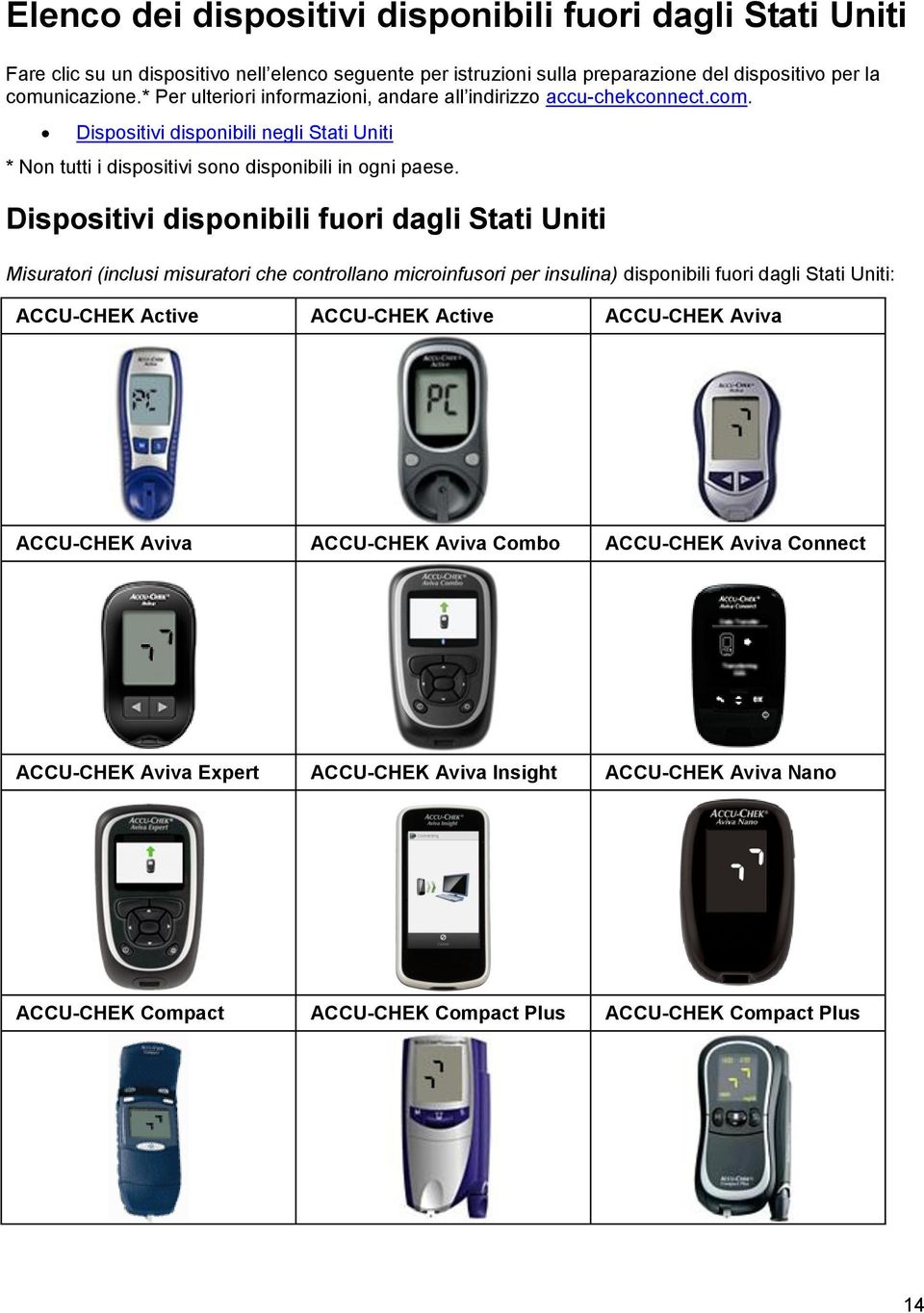 Dispositivi disponibili fuori dagli Stati Uniti Misuratori (inclusi misuratori che controllano microinfusori per insulina) disponibili fuori dagli Stati Uniti: ACCU-CHEK Active ACCU-CHEK