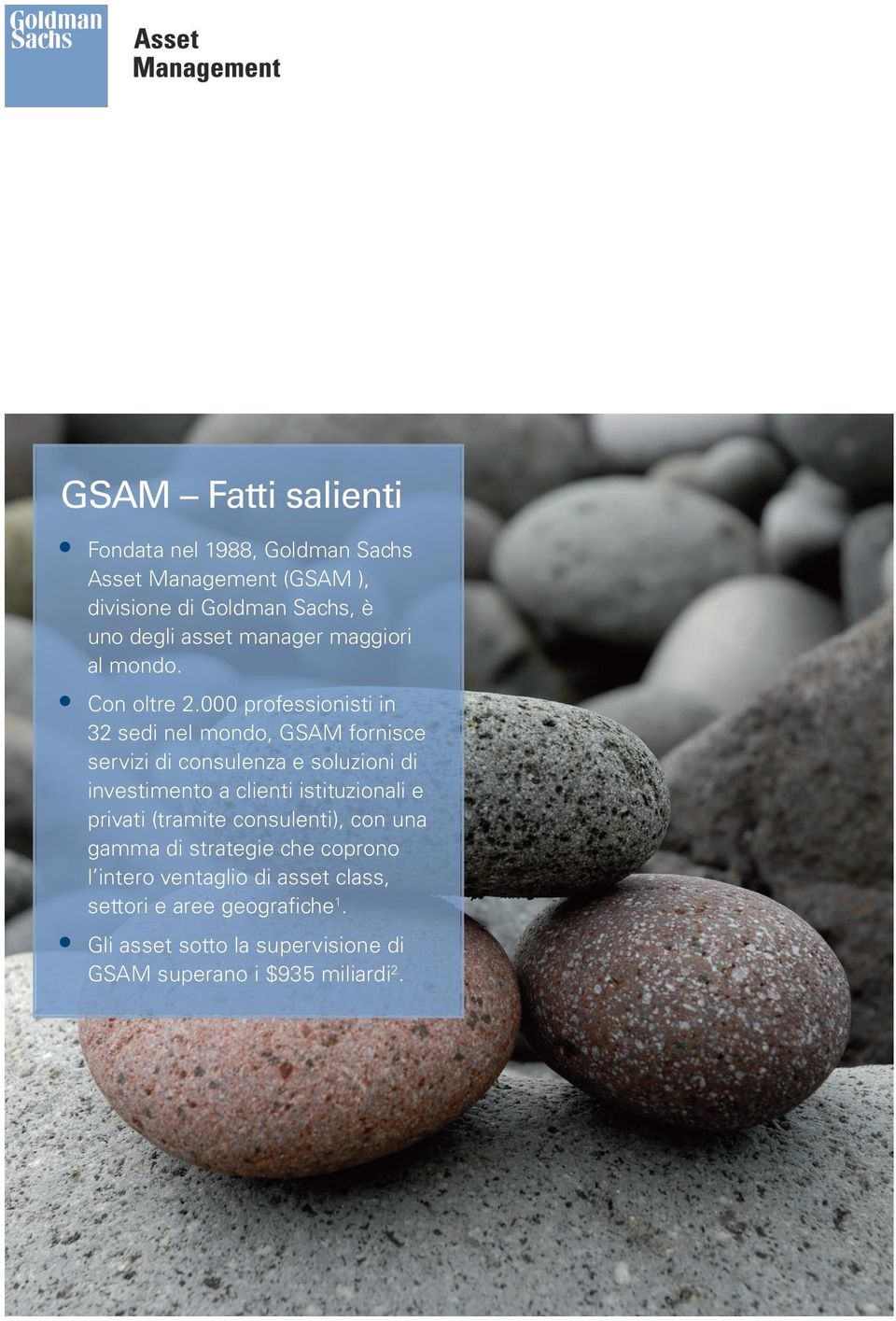 000 professionisti in 32 sedi nel mondo, GSAM fornisce servizi di consulenza e soluzioni di investimento a clienti