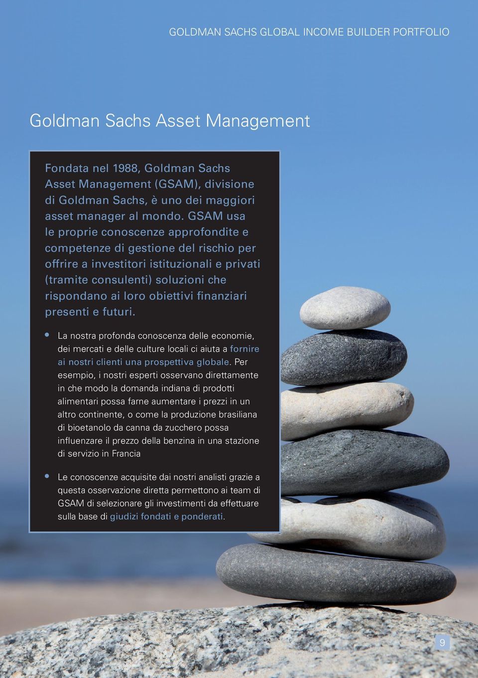 GSAM usa le proprie conoscenze approfondite e competenze di gestione del rischio per offrire a investitori istituzionali e privati (tramite consulenti) soluzioni che rispondano ai loro obiettivi