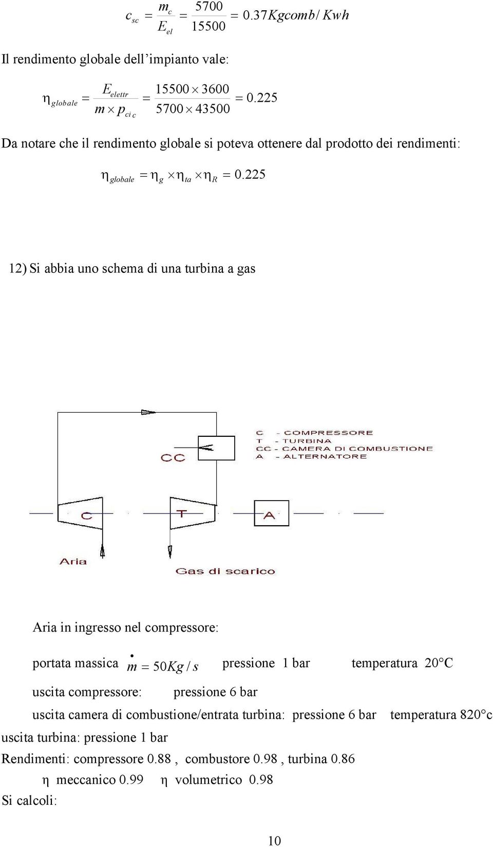 5 ) Si abbia uno schea di una turbina a gas Aria in ingresso nel coressore: ortata assica 50Kg / s ressione bar teeratura 0 C uscita coressore: