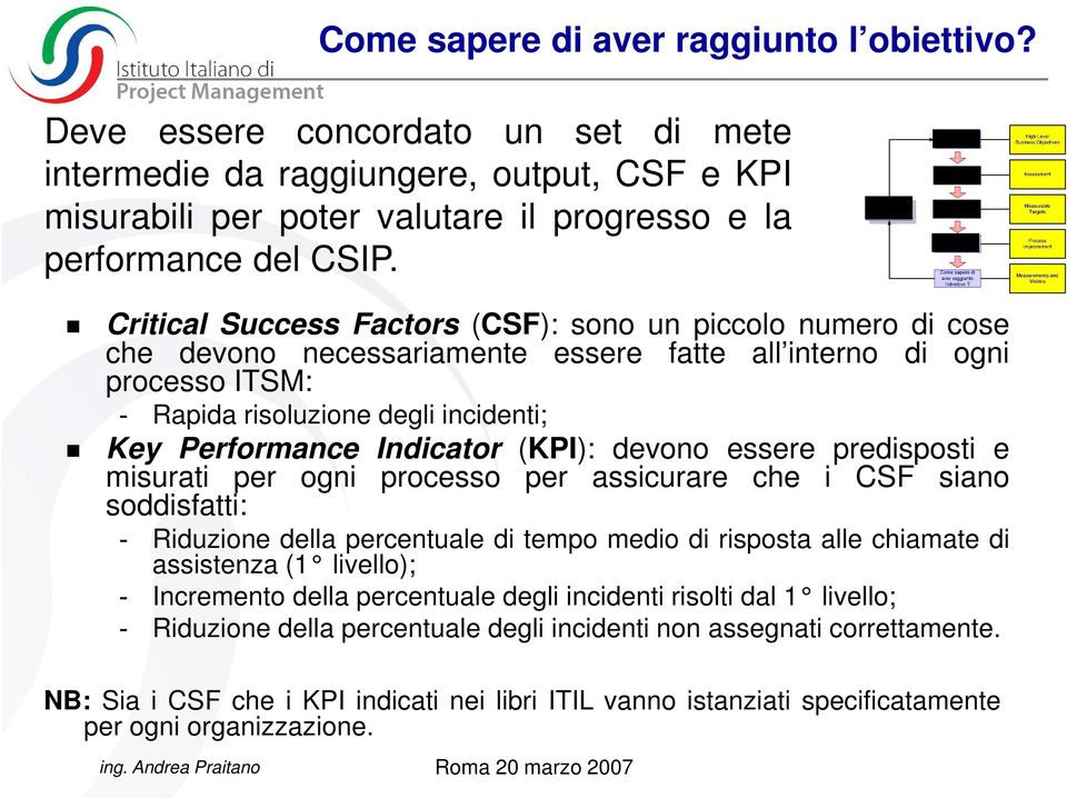 Indicator (KPI): devono essere predisposti e misurati per soddisfatti: ogni processo per assicurare che i CSF siano - Riduzione della percentuale di tempo medio di risposta alle chiamate di