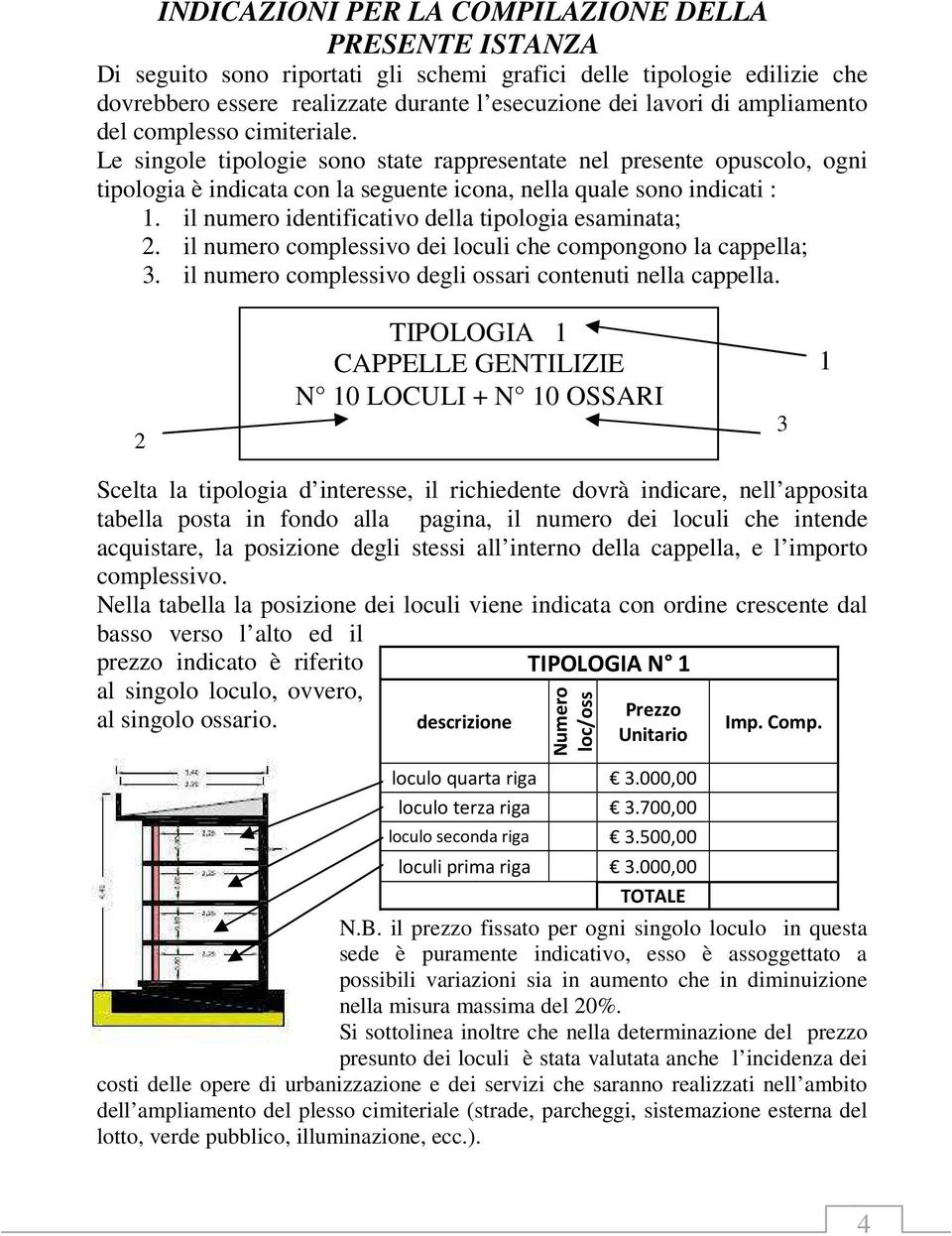 il numero identificativo della tipologia esaminata; 2. il numero dei loculi che compongono la cappella; 3. il numero degli ossari contenuti nella cappella.