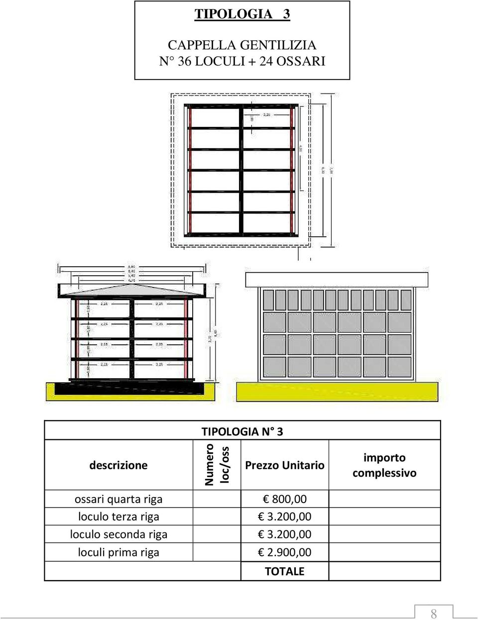 riga 800,00 loculo terza riga 3.