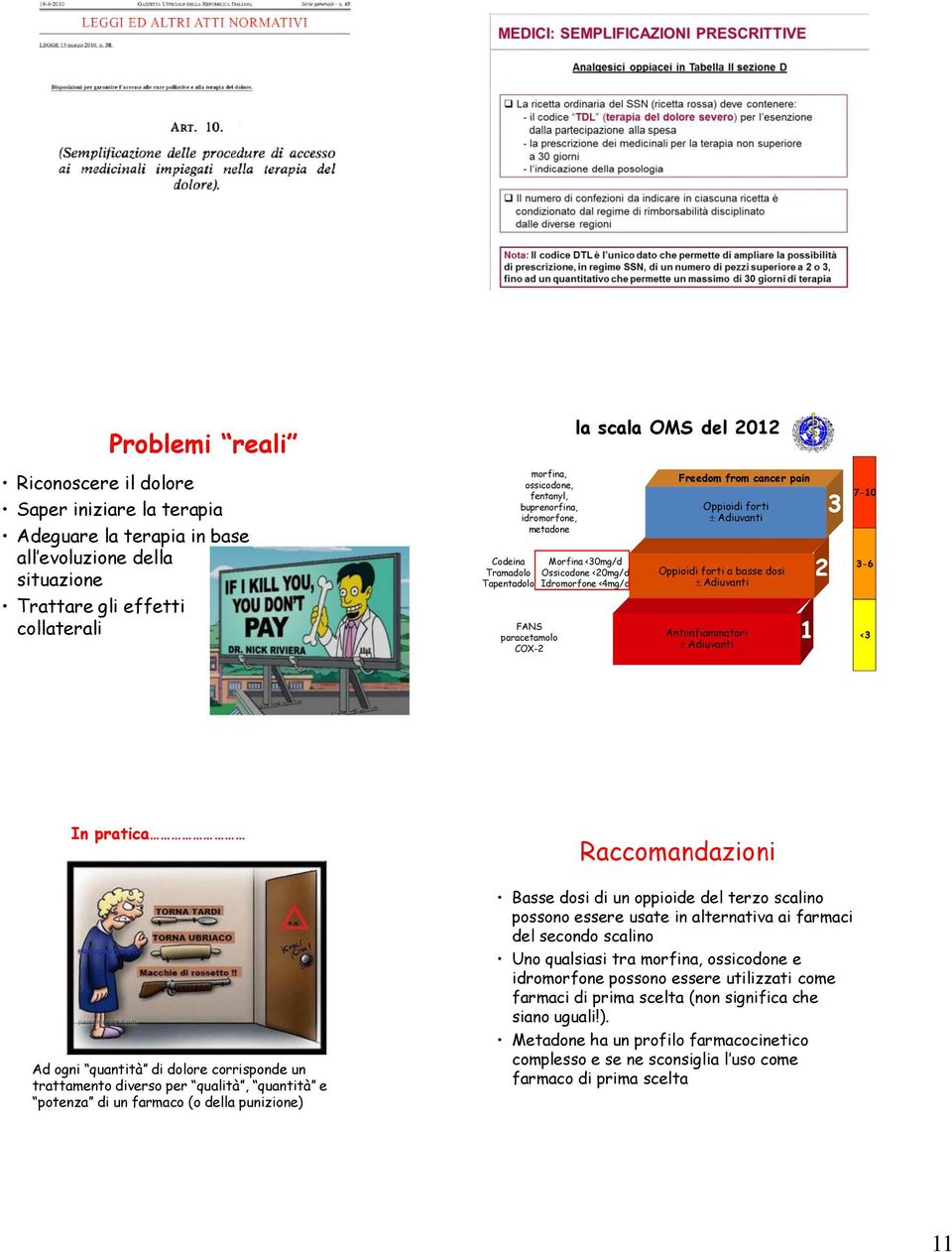 forti Adiuvanti Oppioidi forti a basse dosi Adiuvanti Antiinfiammatori Adiuvanti 1 2 3 7-10 3-6 <3 In pratica Raccomandazioni Ad ogni quantità di dolore corrisponde un trattamento diverso per