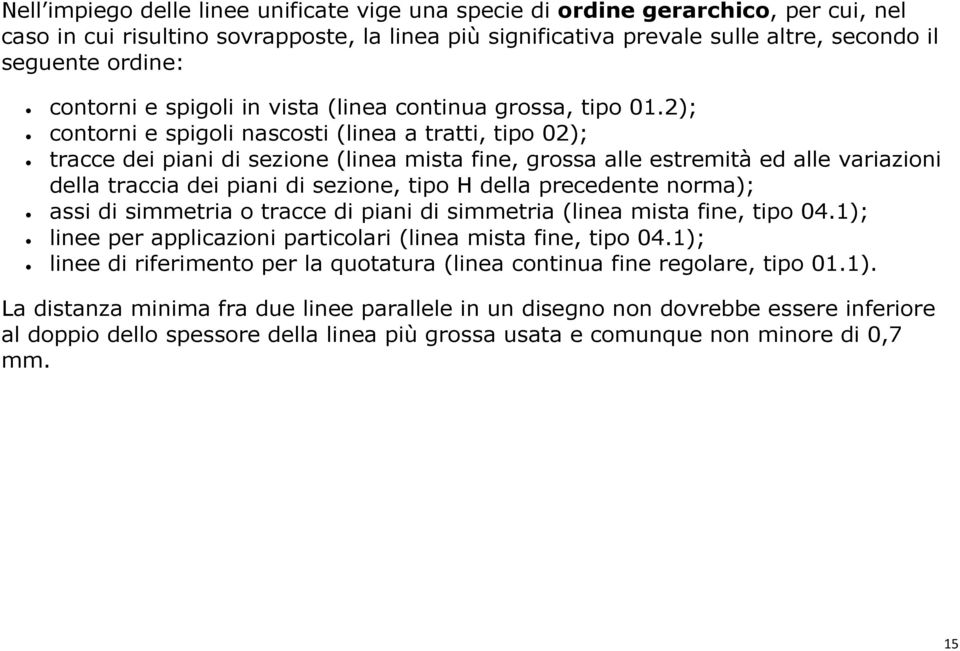 2); contorni e spigoli nascosti (linea a tratti, tipo 02); tracce dei piani di sezione (linea mista fine, grossa alle estremità ed alle variazioni della traccia dei piani di sezione, tipo H della