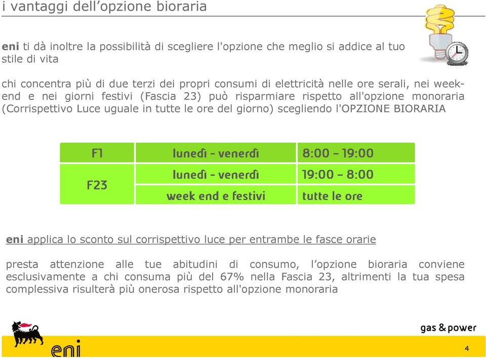 ore del giorno) scegliendo l'opzione BIORARIA eni applica lo sconto sul corrispettivo luce per entrambe le fasce orarie presta attenzione alle tue abitudini di consumo, l