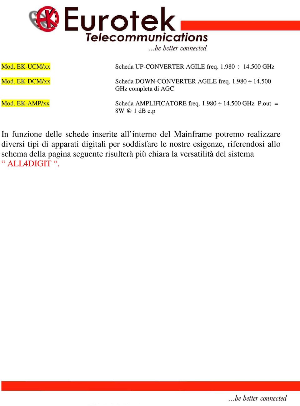 p In funzione delle schede inserite all interno del Mainframe potremo realizzare diversi tipi di apparati digitali per