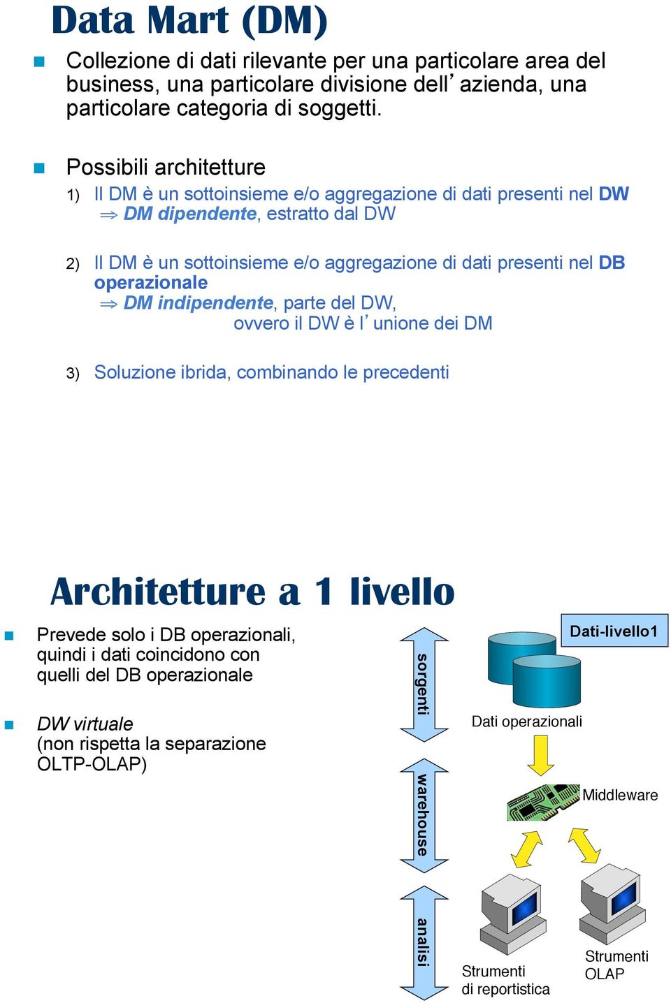 DM dipendente, estratto dal DW 2) Il DM è un sottoinsieme e/o aggregazione di dati presenti nel DB operazionale!