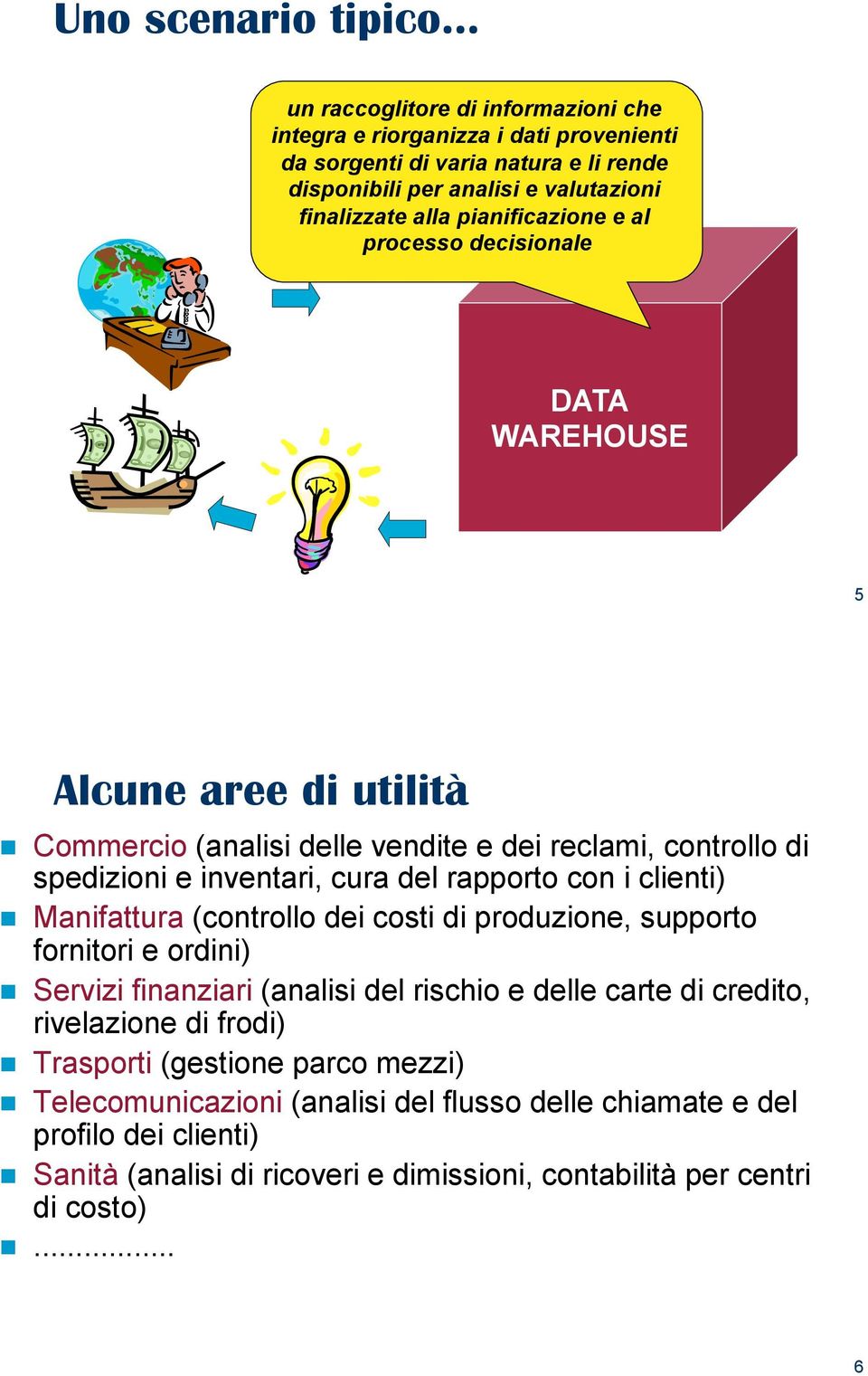 e al processo decisionale DATA WAREHOUSE 5 Alcune aree di utilità! Commercio (analisi delle vendite e dei reclami, controllo di spedizioni e inventari, cura del rapporto con i clienti)!