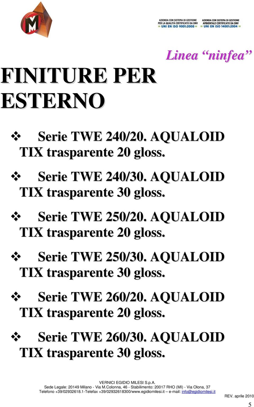 AQUALOID TIX trasparente 30 gloss. Serie TWE 260/20. AQUALOID TIX trasparente 20 gloss. Serie TWE 260/30.