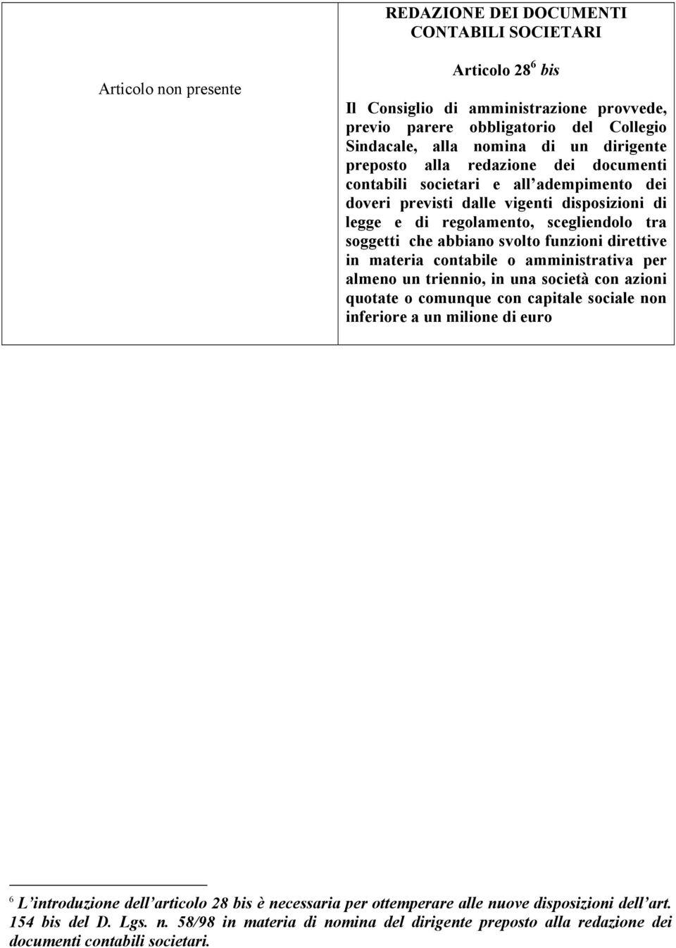 svolto funzioni direttive in materia contabile o amministrativa per almeno un triennio, in una società con azioni quotate o comunque con capitale sociale non inferiore a un milione di euro 6 L