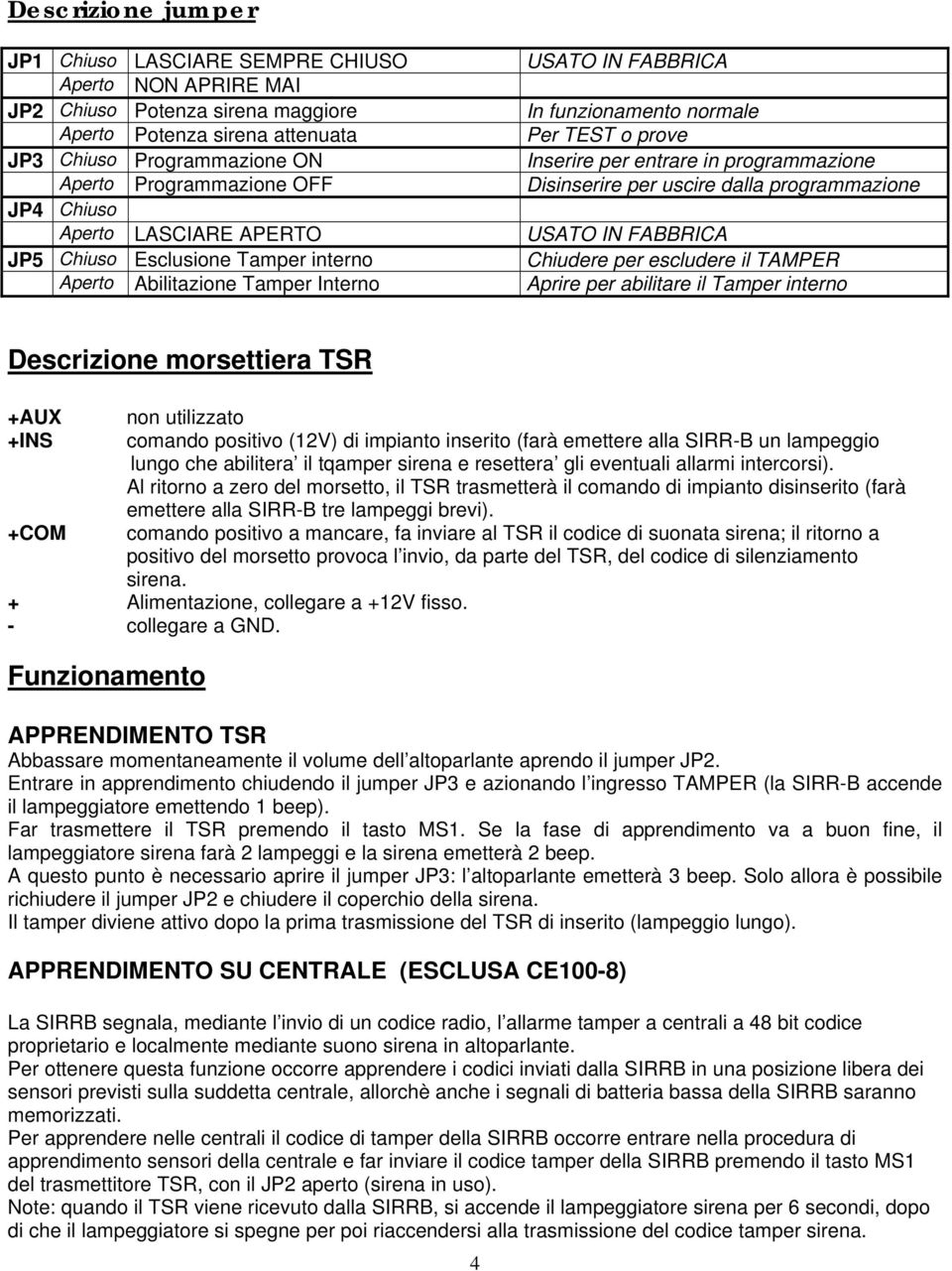 Chiuso Esclusione Tamper interno Chiudere per escludere il TAMPER Aperto Abilitazione Tamper Interno Aprire per abilitare il Tamper interno Descrizione morsettiera TSR +AUX +INS +COM non utilizzato