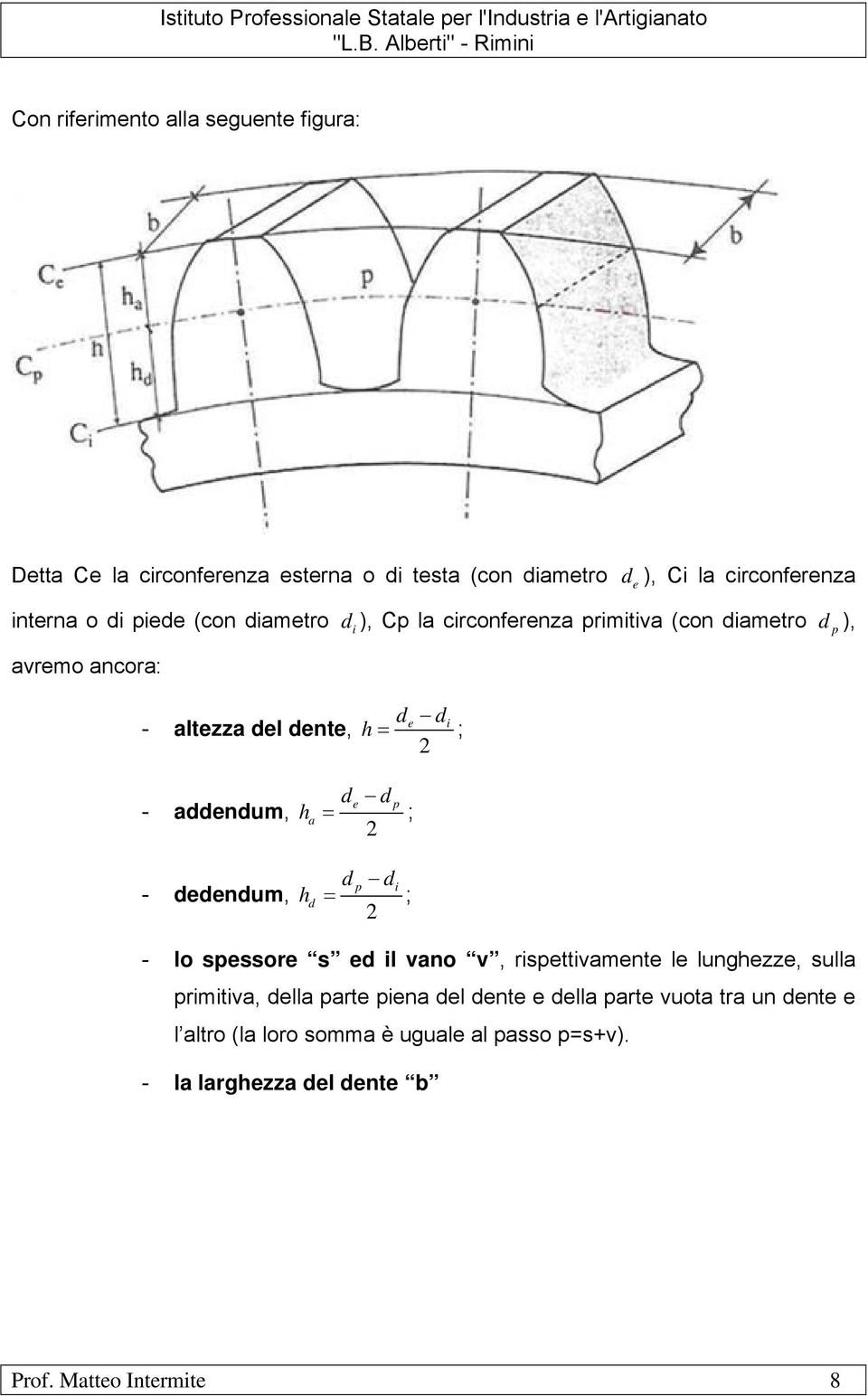 - dedendum, h h a d de dp = ; dp di = ; - lo spessore s ed il vano v, rispettivamente le lunghezze, sulla primitiva, della parte piena del