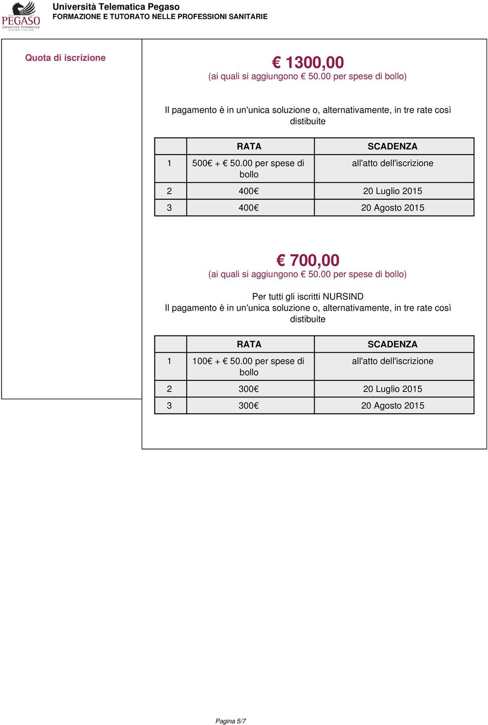 00 per spese di bollo SCADENZA all'atto dell'iscrizione 2 400 20 Luglio 2015 3 400 20 Agosto 2015 700,00 (ai quali si aggiungono 50.