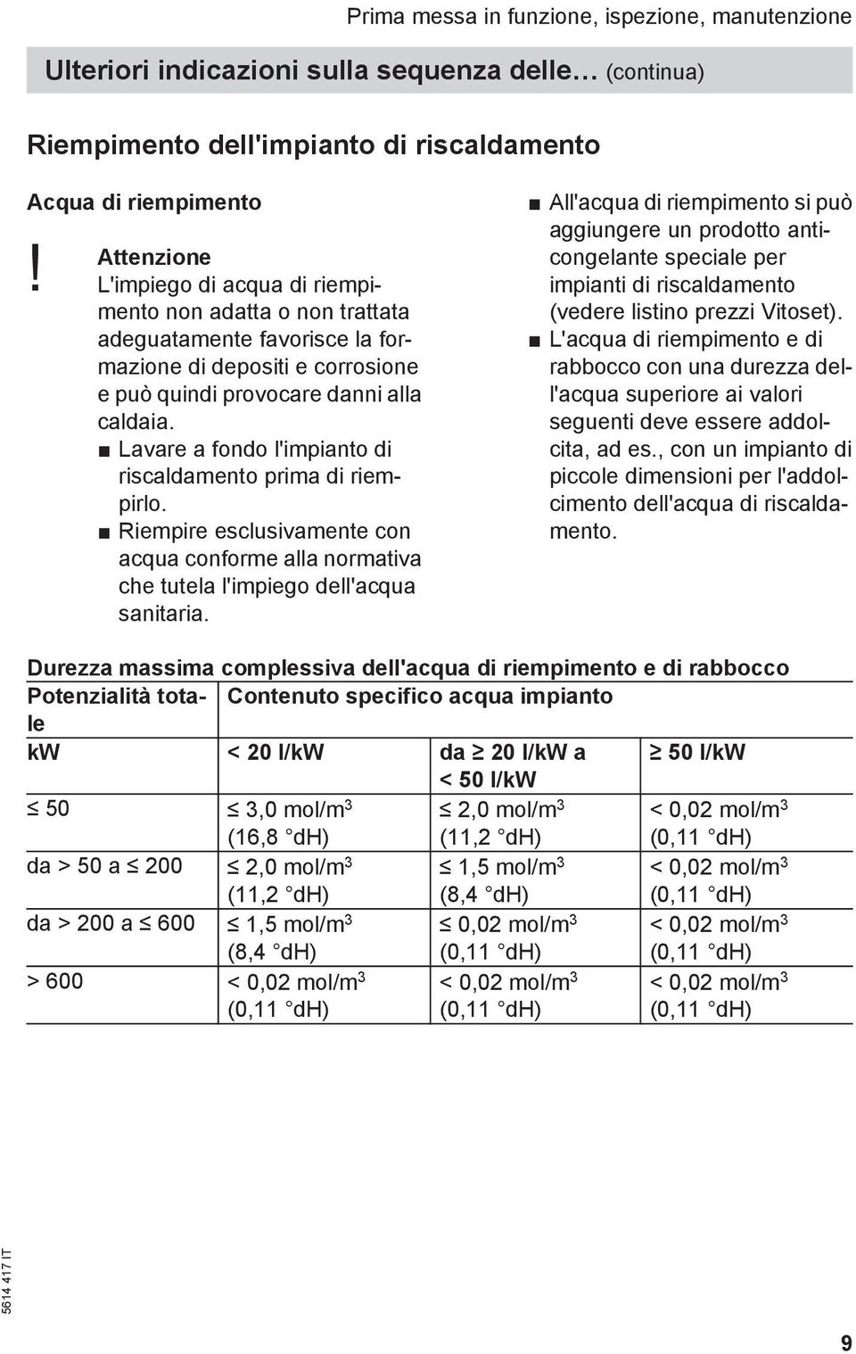 Lavare a fondo l'impianto di riscaldamento prima di riempirlo. Riempire esclusivamente con acqua conforme alla normativa che tutela l'impiego dell'acqua sanitaria.