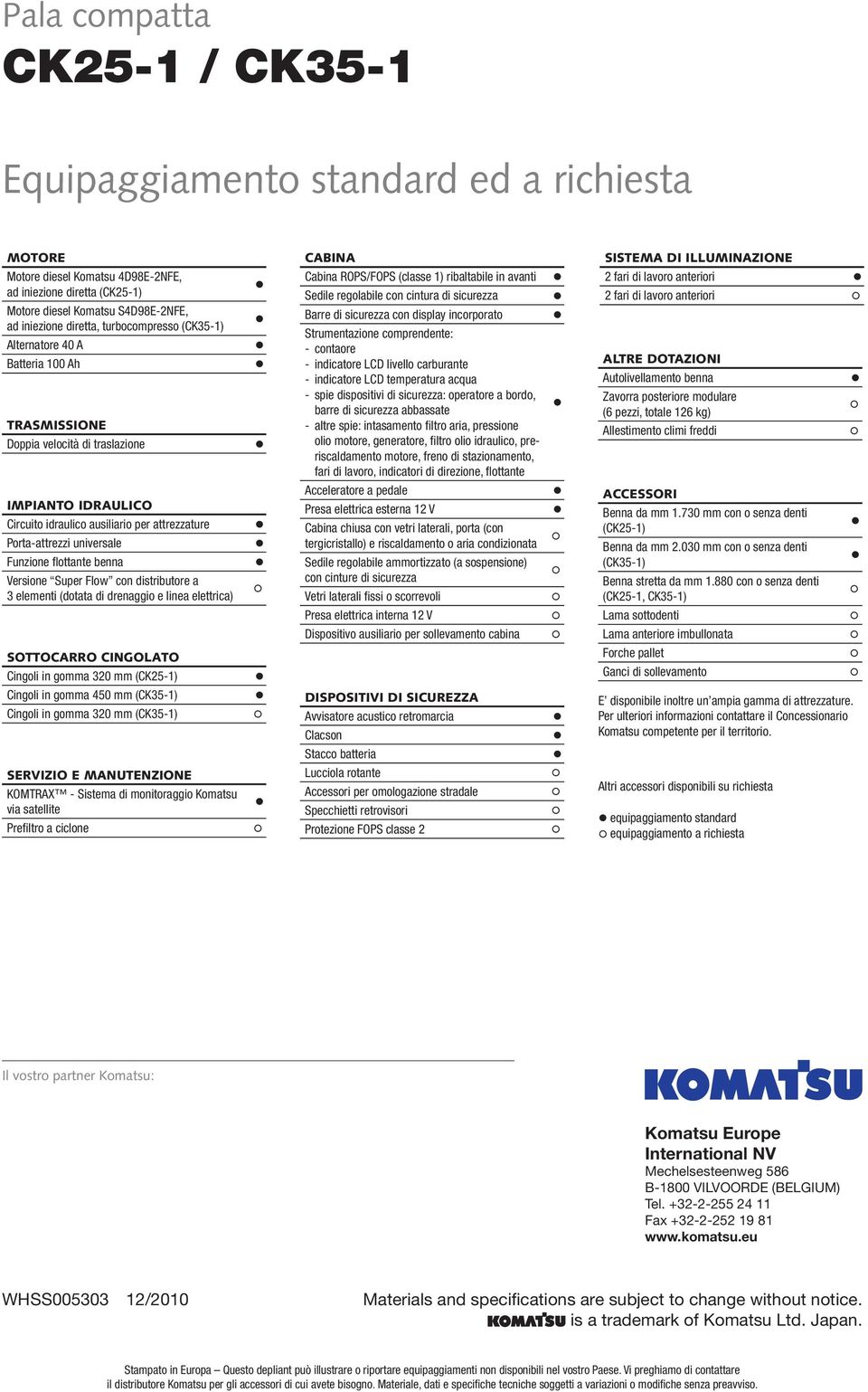 regolabile con cintura di sicurezza Barre di sicurezza con display incorporato Strumentazione comprendente: - contaore - indicatore LCD livello carburante - indicatore LCD temperatura acqua - spie