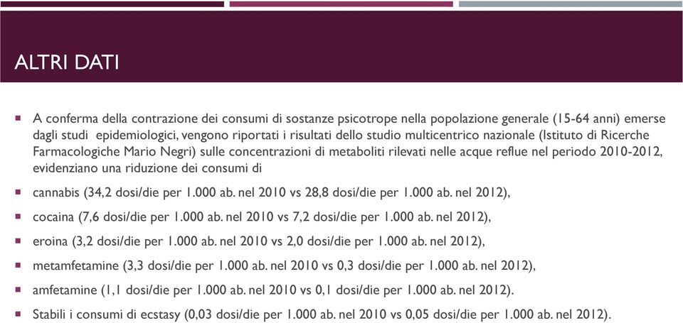 di cannabis (34,2 dosi/die per 1.000 ab. nel 2010 vs 28,8 dosi/die per 1.000 ab. nel 2012), cocaina (7,6 dosi/die per 1.000 ab. nel 2010 vs 7,2 dosi/die per 1.000 ab. nel 2012), eroina (3,2 dosi/die per 1.