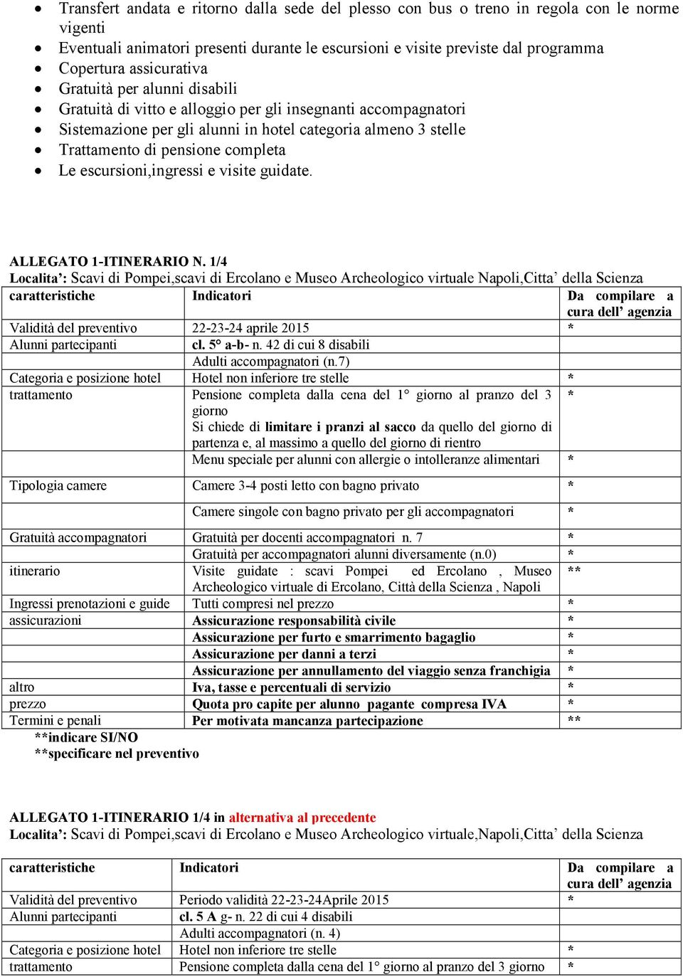 completa Le escursioni,ingressi e visite guidate. ALLEGATO 1-ITINERARIO N.