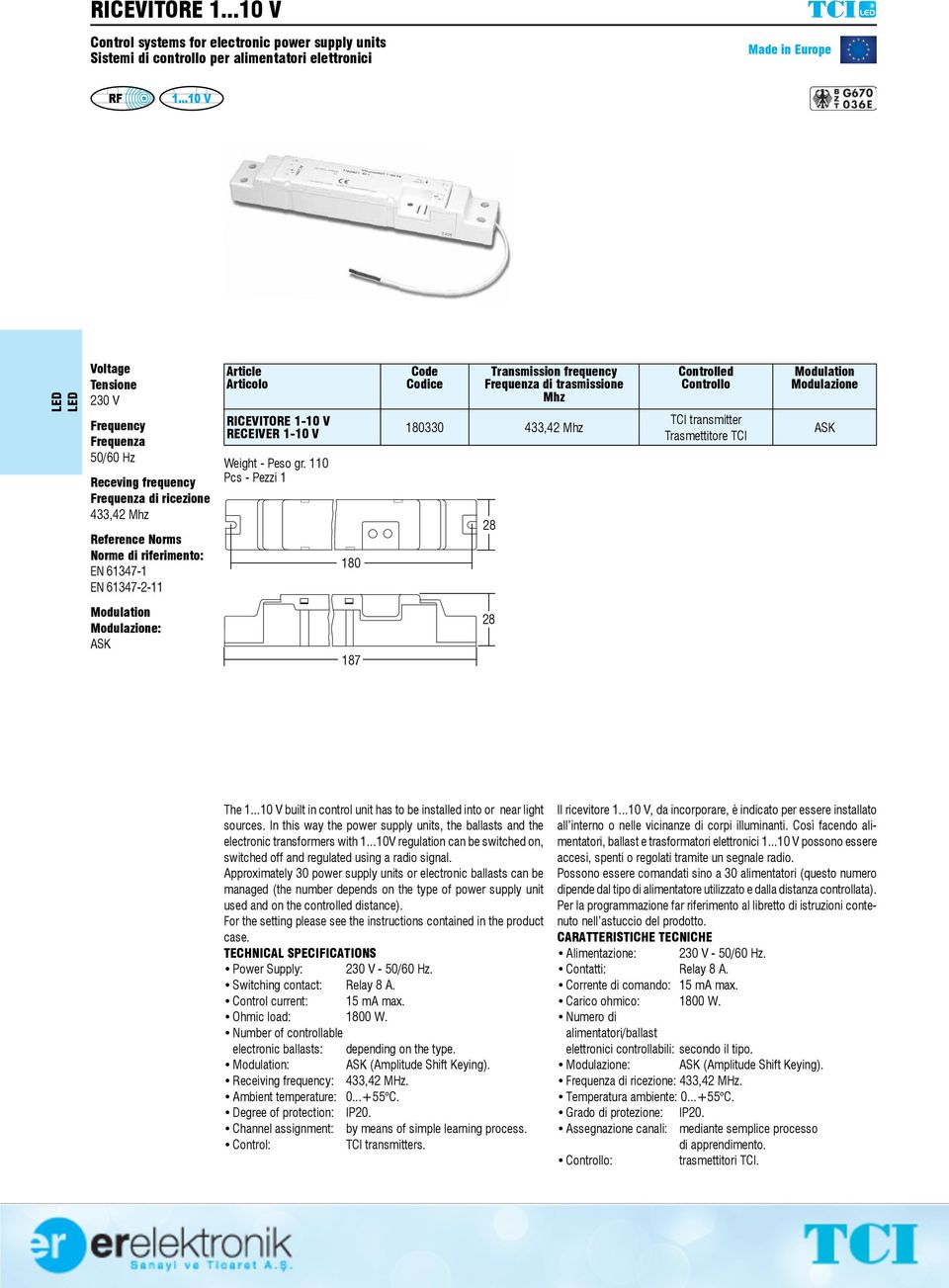 riferimento: EN 61347-1 EN 61347-2-11 RICEVITORE 1-10 V RECEIVER 1-10 V Weight - Peso gr. 110 180 di trasmissione 180330 28 Controlled TCI transmitter Trasmettitore TCI : 187 28 The 1.