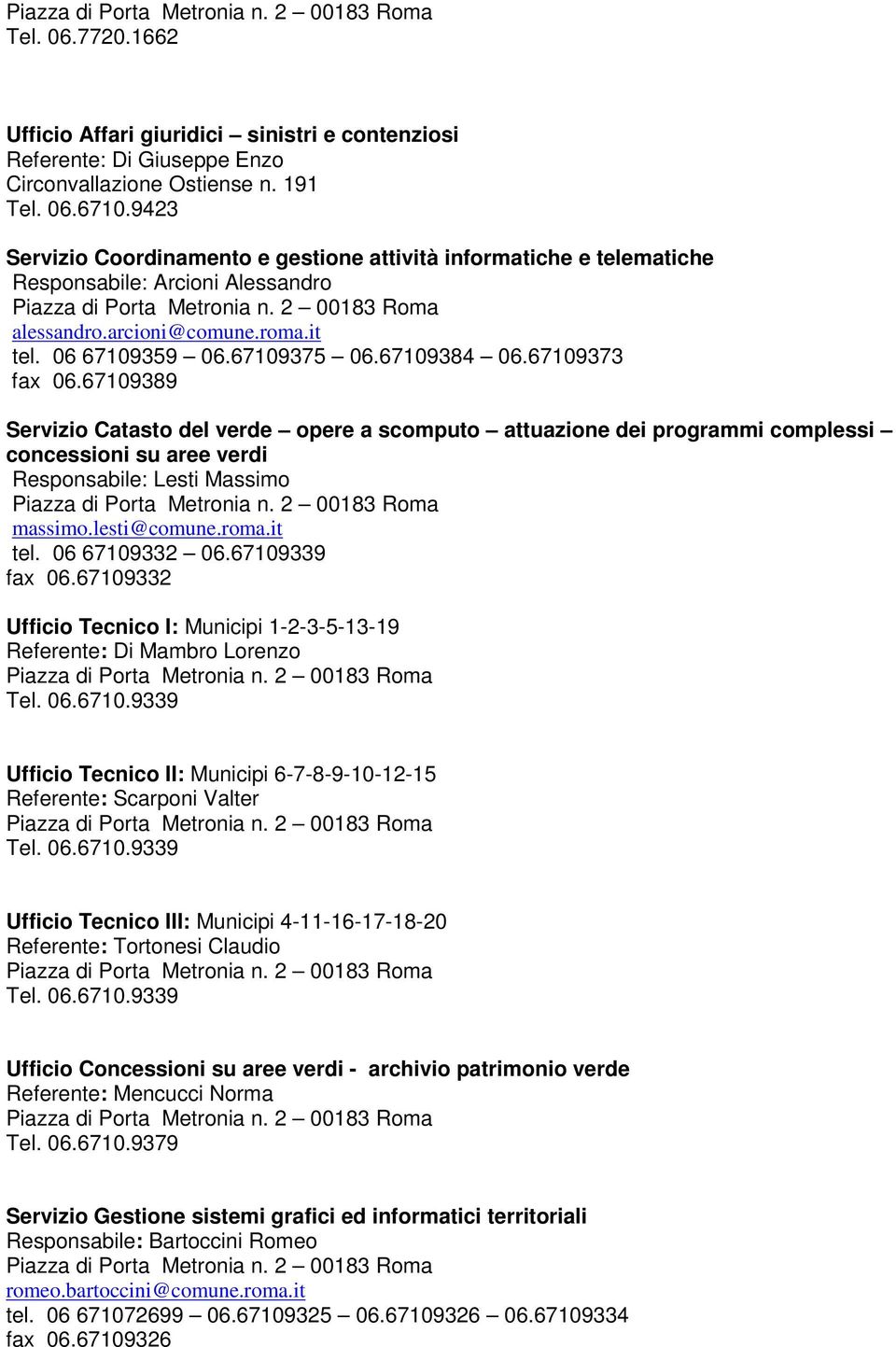 67109373 fax 06.67109389 Servizio Catasto del verde opere a scomputo attuazione dei programmi complessi concessioni su aree verdi Responsabile: Lesti Massimo massimo.lesti@comune.roma.it tel.