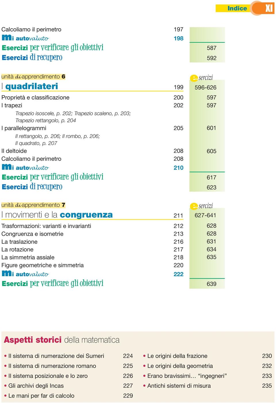 207 Il deltoide 208 Calcoliamo il perimetro 208 mi autovaluto 210 Esercizi per verificare gli obiettivi Esercizi di recupero unità di apprendimento 7 I movimenti e la congruenza 211 Trasformazioni: