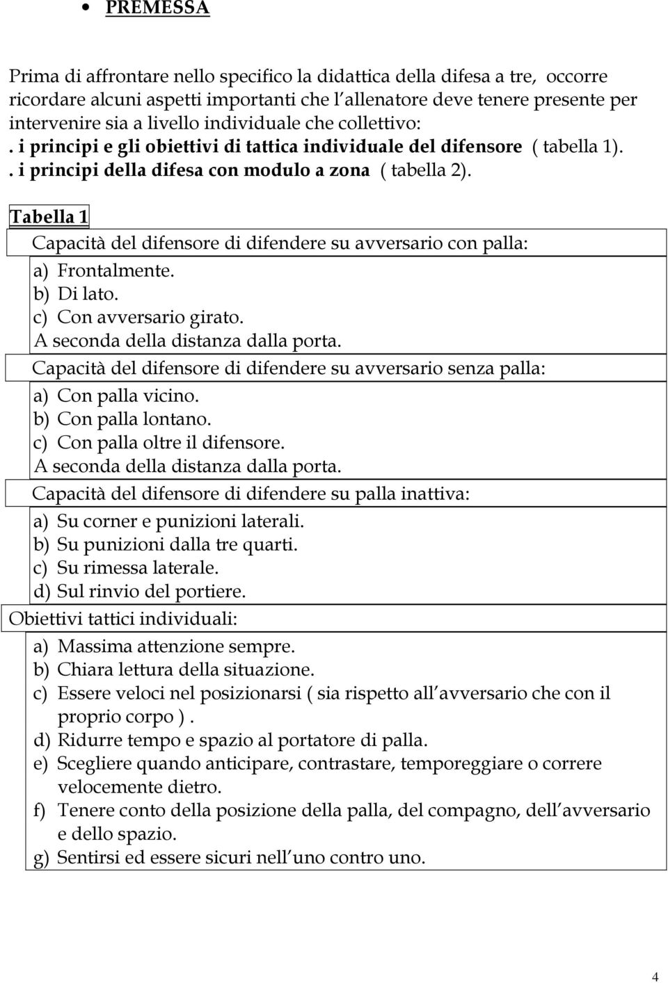 Tabella 1 Capacità del difensore di difendere su avversario con palla: a) Frontalmente. b) Di lato. c) Con avversario girato. seconda della distanza dalla porta.