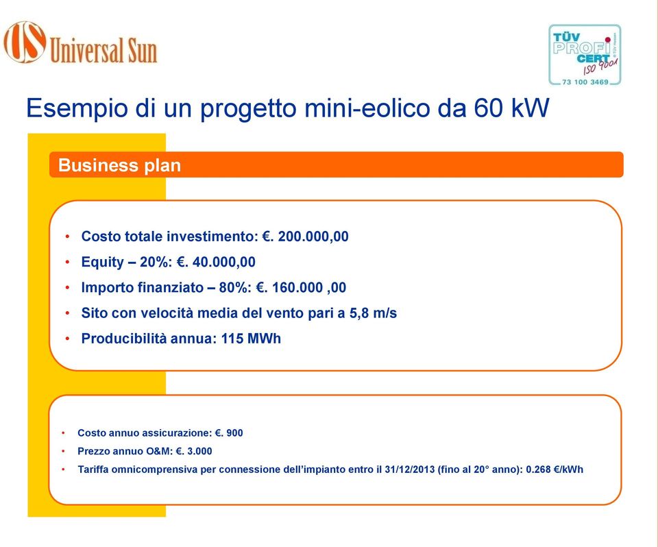 000,00 Sito con velocità media del vento pari a 5,8 m/s Producibilità annua: 115 MWh Costo annuo