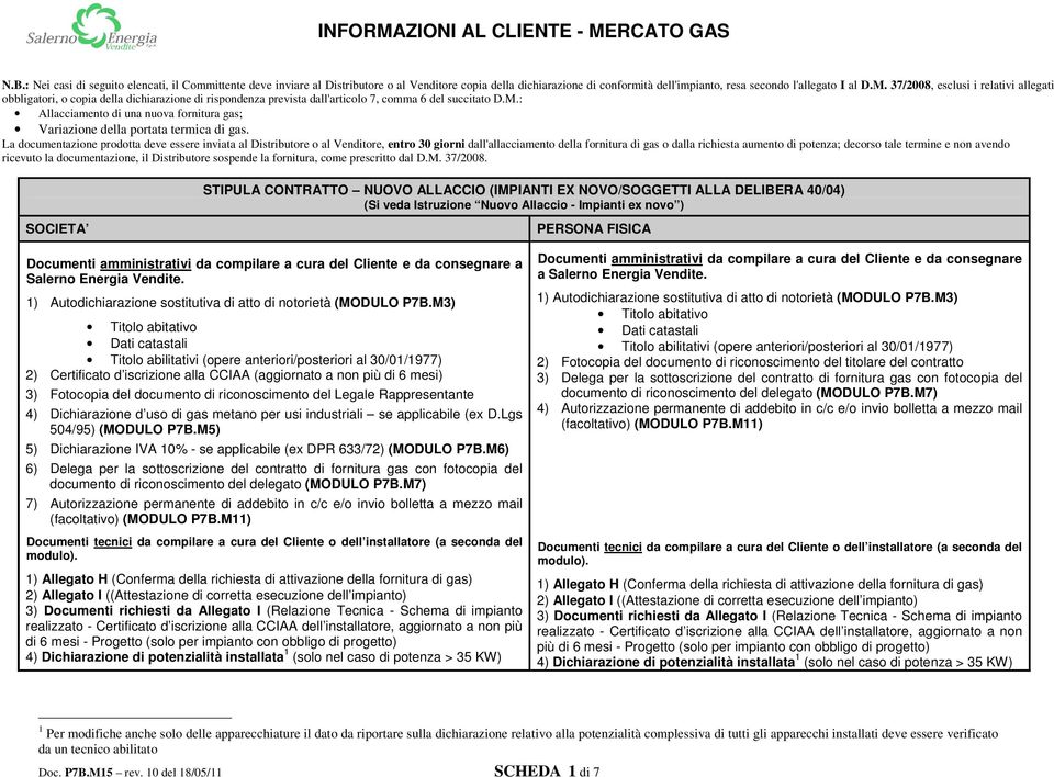 : Allacciamento di una nuova fornitura gas; Variazione della portata termica di gas.