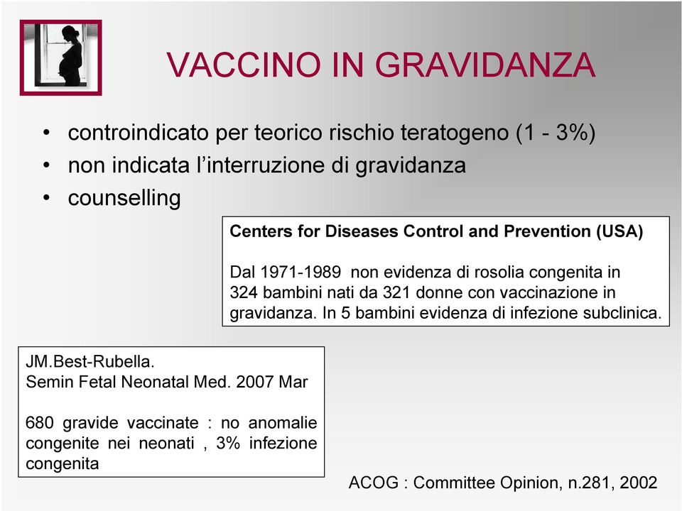 nati da 321 donne con vaccinazione in gravidanza. In 5 bambini evidenza di infezione subclinica. JM.Best-Rubella.