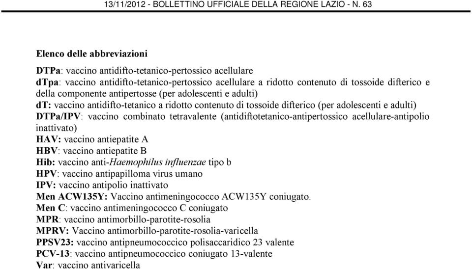 (antidiftotetanico-antipertossico acellulare-antipolio inattivato) HAV: vaccino antiepatite A HBV: vaccino antiepatite B Hib: vaccino anti-haemophilus influenzae tipo b HPV: vaccino antipapilloma